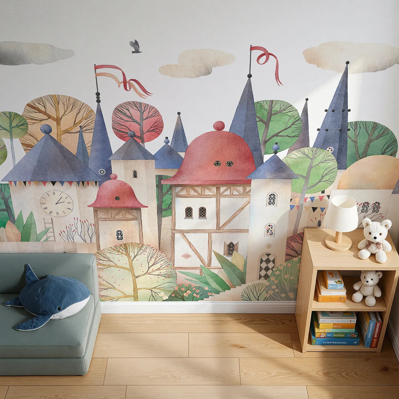 Top-down view of Whimsy Tots' Medieval Rabbit Village Wall Mural (Turn Their Room into a Whimsical, Storybook Kingdom).Gender-Neutral