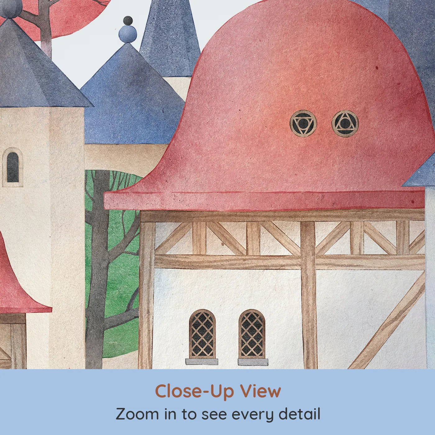 Close-up view of Whimsy Tots' Medieval Rabbit Village Wall Mural (Turn Their Room into a Whimsical, Storybook Kingdom).Gender-Neutral