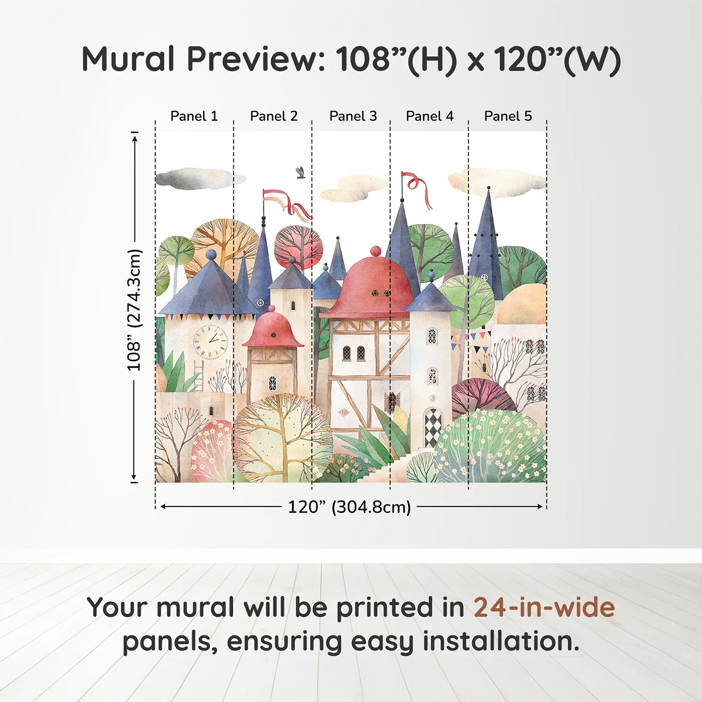 Whimsy Tots Medieval Rabbit Village Wall Muraldimension view (108" H x 120" W). Printed in five 24-inch-wide panels. Gender-Neutral