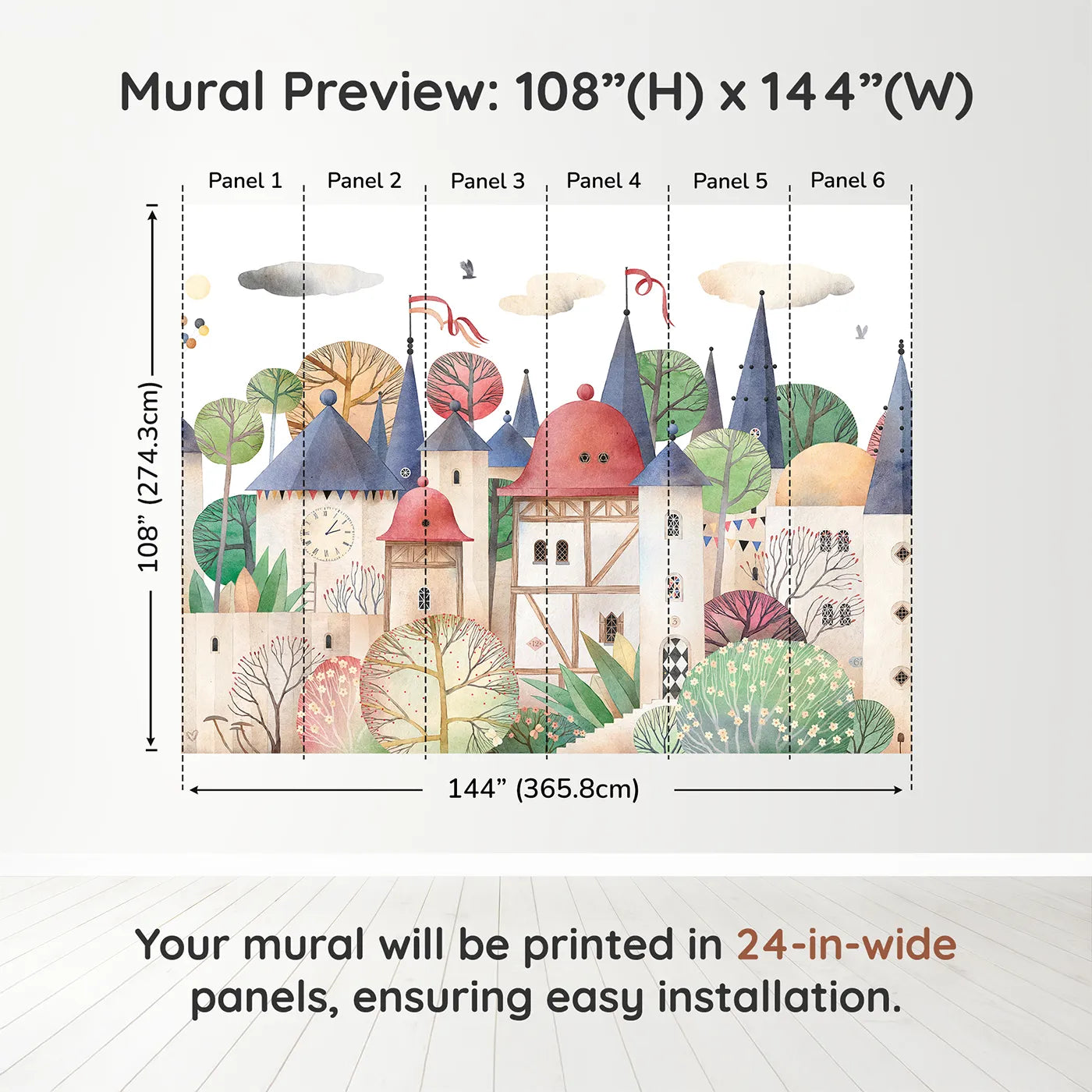 Whimsy Tots Medieval Rabbit Village Wall Muraldimension view (108" H x 144" W). Printed in six 24-inch-wide panels. Gender-Neutral