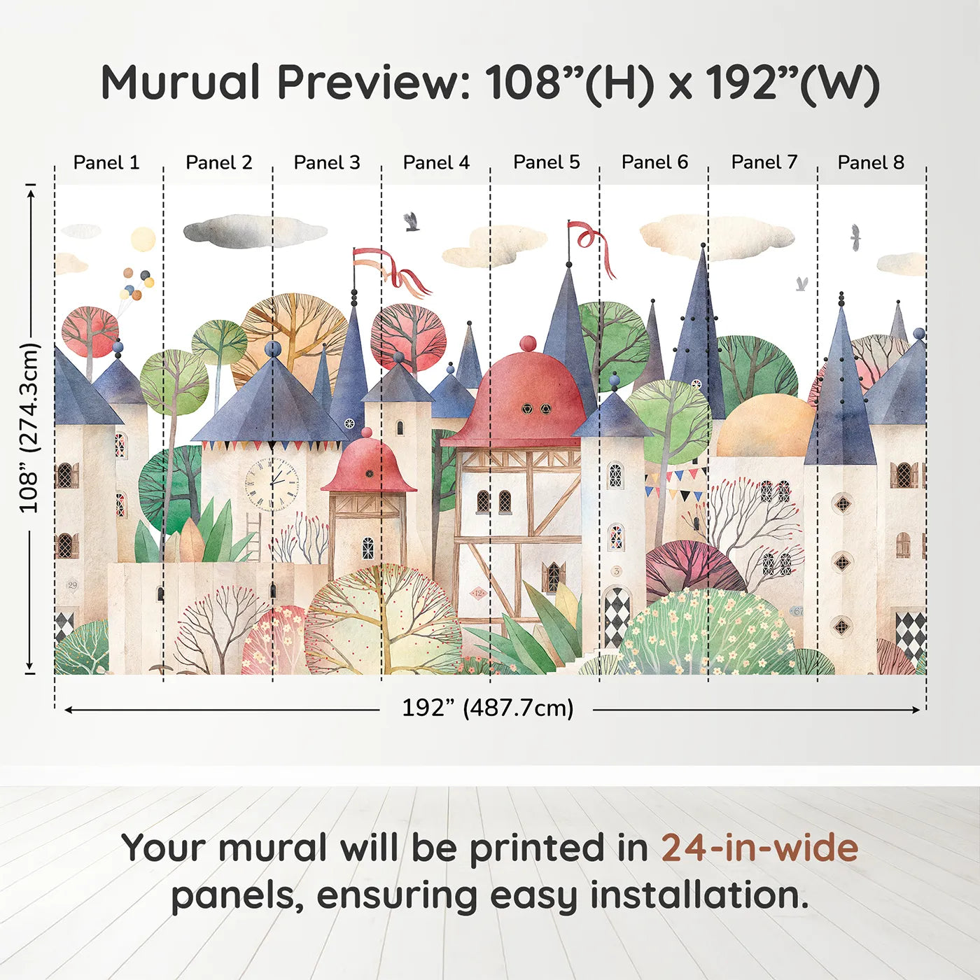 Whimsy Tots Medieval Rabbit Village Wall Muraldimension view (108" H x 192" W). Printed in eight 24-inch-wide panels. Gender-Neutral