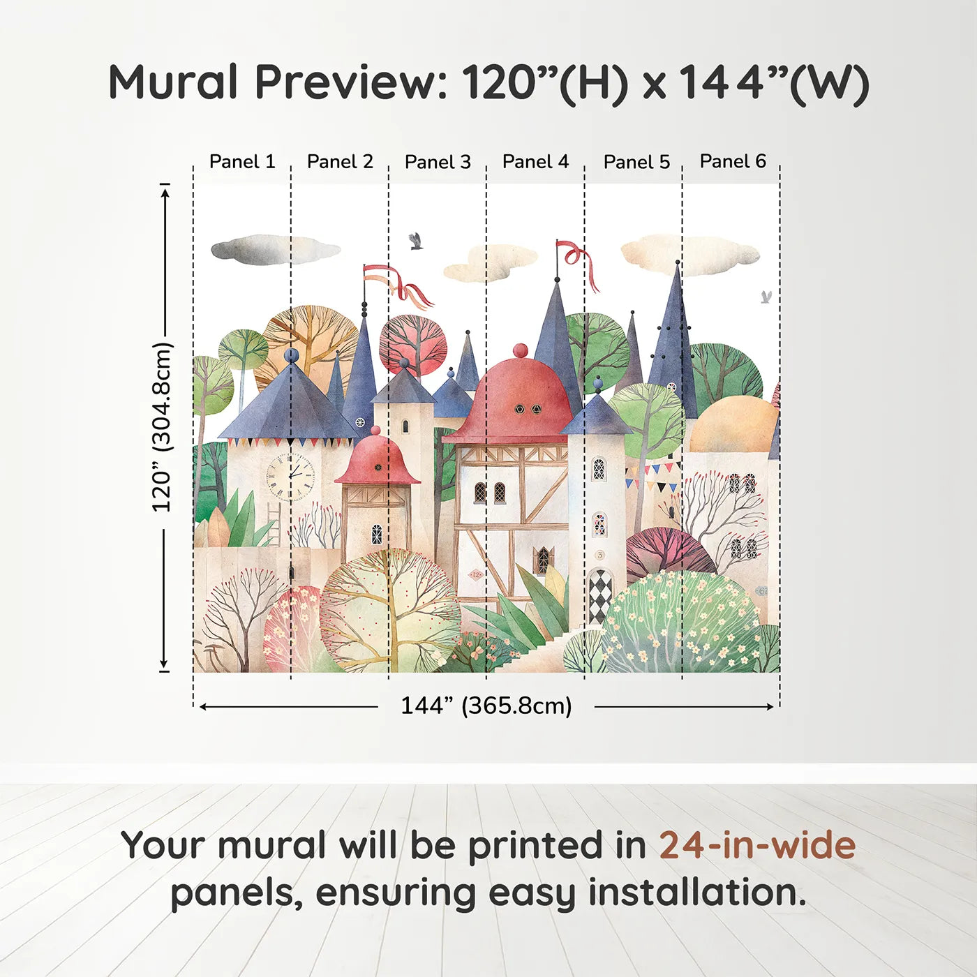 Whimsy Tots Medieval Rabbit Village Wall Muraldimension view (120" H x 144" W). Printed in six 24-inch-wide panels. Gender-Neutral