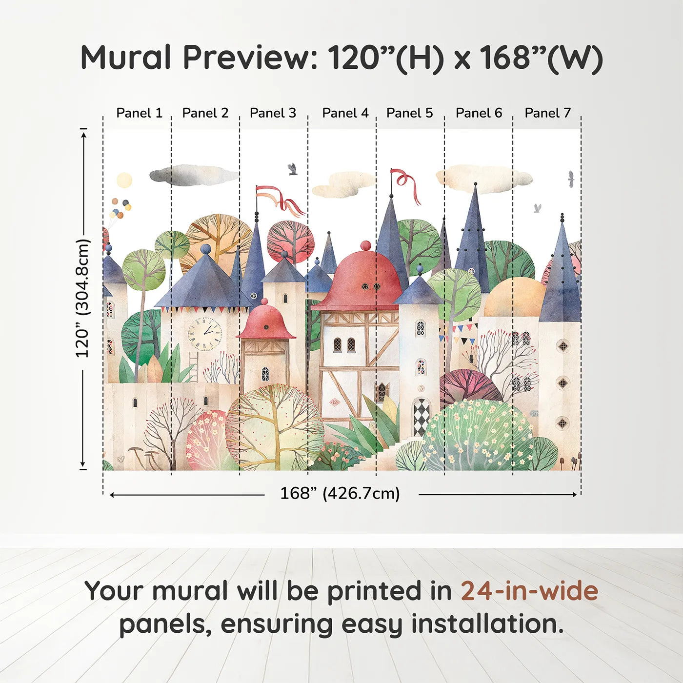 Whimsy Tots Medieval Rabbit Village Wall Muraldimension view (120" H x 168" W). Printed in seven 24-inch-wide panels. Gender-Neutral