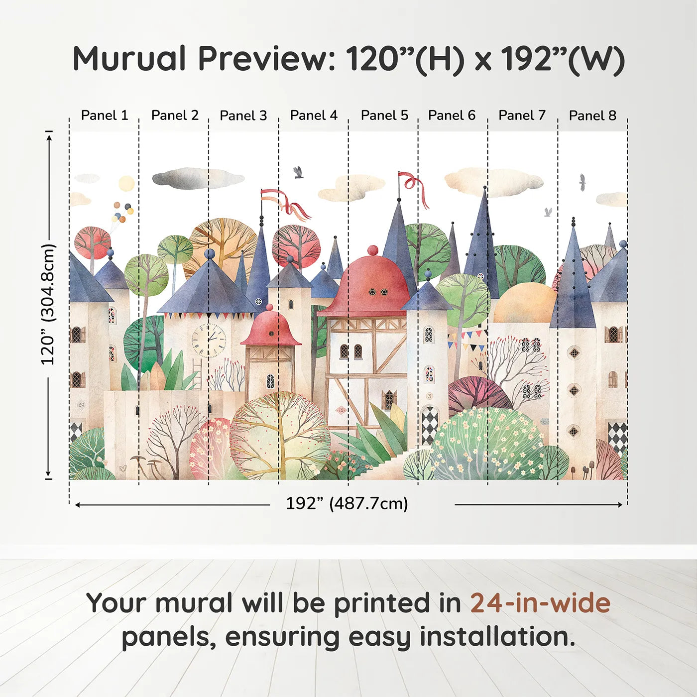 Whimsy Tots Medieval Rabbit Village Wall Muraldimension view (120" H x 192" W). Printed in eight 24-inch-wide panels. Gender-Neutral