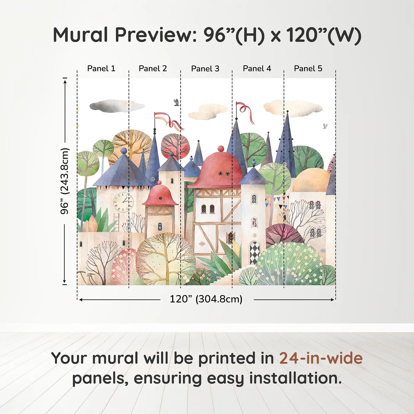 Whimsy Tots Medieval Rabbit Village Wall Muraldimension view (96" H x 120" W). Printed in five 24-inch-wide panels. Gender-Neutral