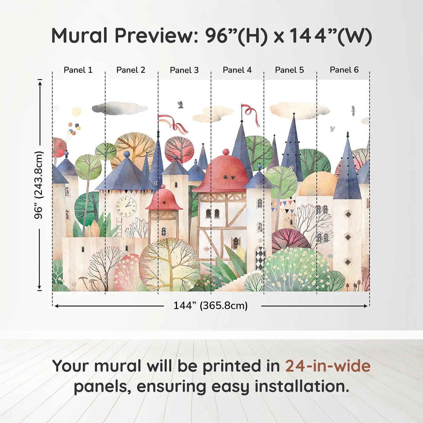 Whimsy Tots Medieval Rabbit Village Wall Muraldimension view (96" H x 144" W). Printed in six 24-inch-wide panels. Gender-Neutral