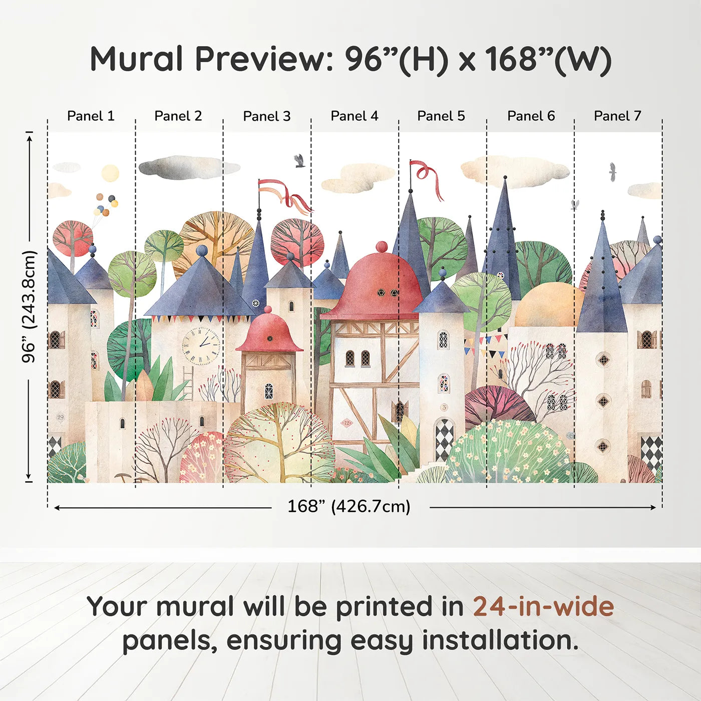 Whimsy Tots Medieval Rabbit Village Wall Muraldimension view (96" H x 168" W). Printed in seven 24-inch-wide panels. Gender-Neutral