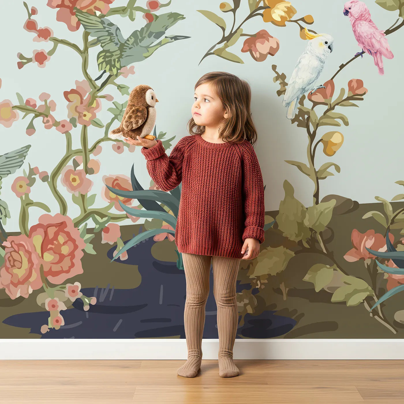 Child in front of Whimsy Tots Chinoiserie Riverbank Wall Mural with chinoiserie, vintage, floral, flower, bird, tree, blue, classic in design.