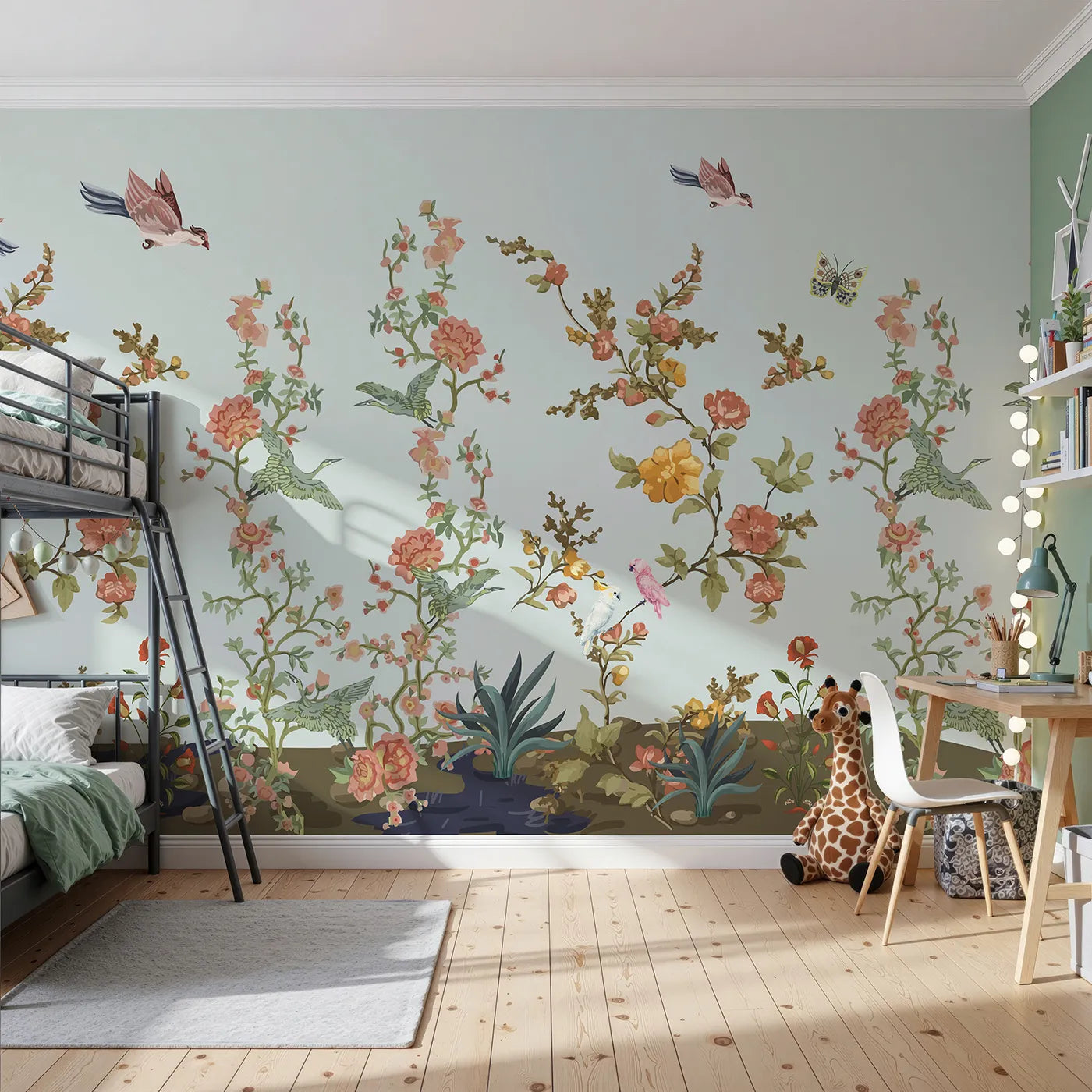 Front view of Whimsy Tots' Chinoiserie Riverbank Wall Mural