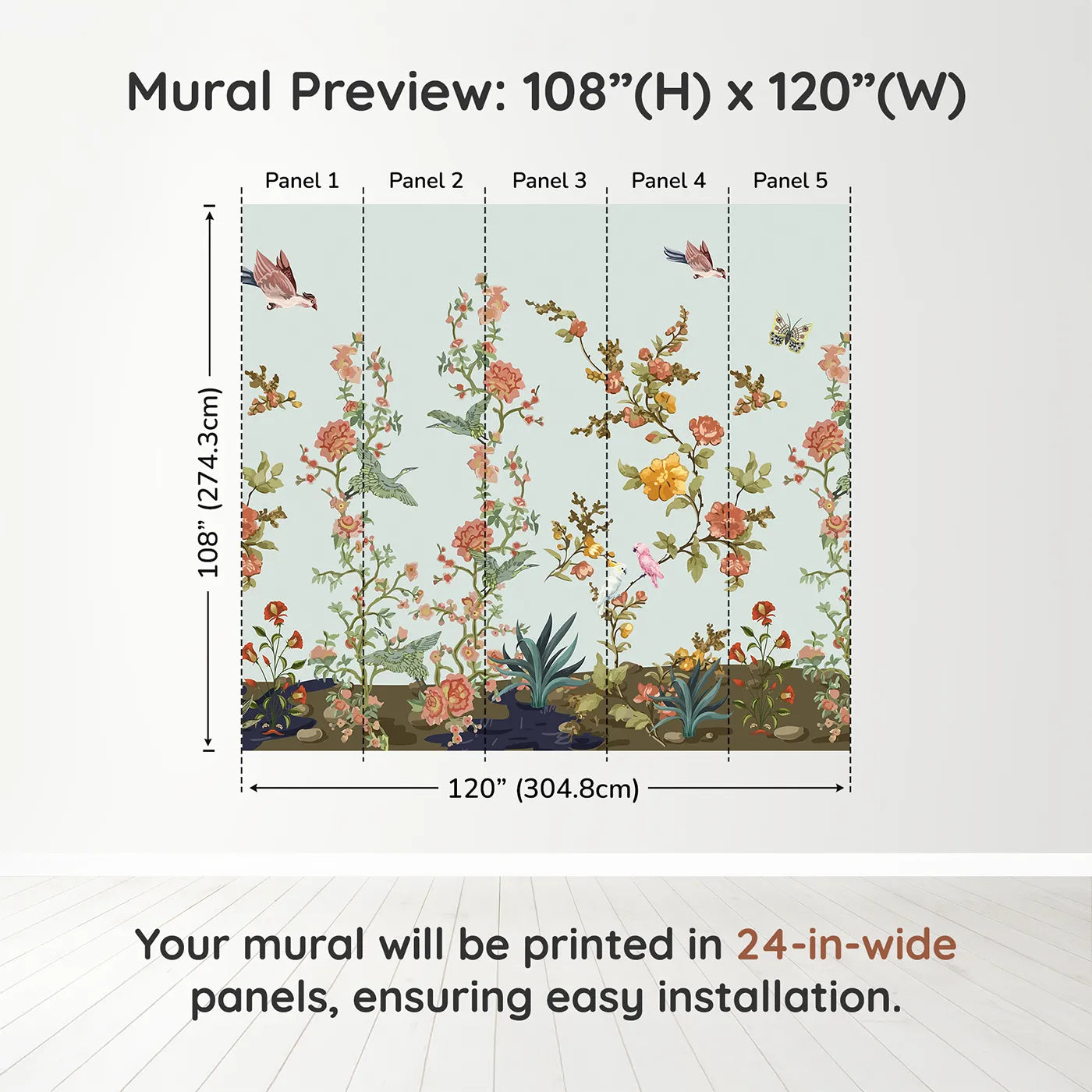 Whimsy Tots Chinoiserie Riverbank Wall Muraldimension view (108" H x 120" W). Printed in five 24-inch-wide panels. Gender-Neutral