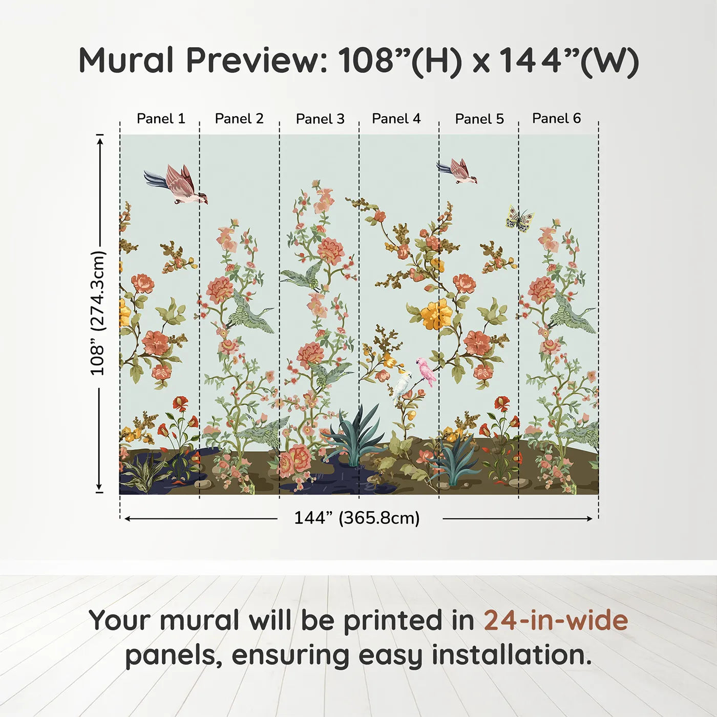 Whimsy Tots Chinoiserie Riverbank Wall Muraldimension view (108" H x 144" W). Printed in six 24-inch-wide panels. Gender-Neutral