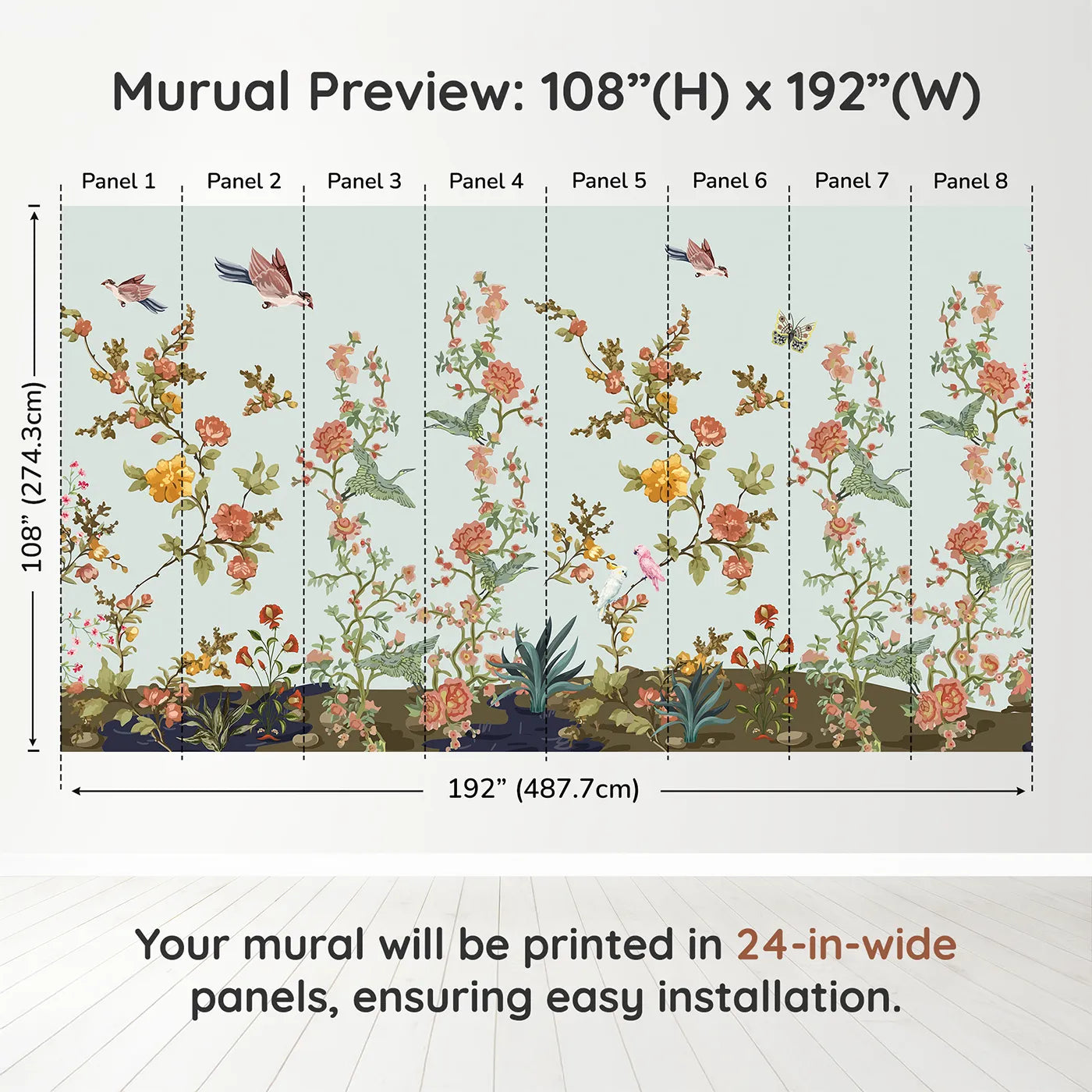 Whimsy Tots Chinoiserie Riverbank Wall Muraldimension view (108" H x 192" W). Printed in eight 24-inch-wide panels. Gender-Neutral
