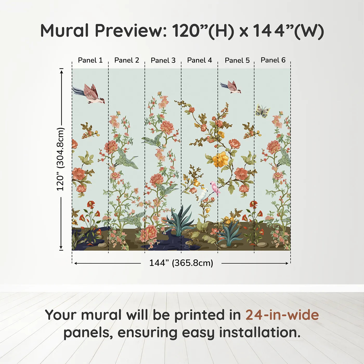 Whimsy Tots Chinoiserie Riverbank Wall Muraldimension view (120" H x 144" W). Printed in six 24-inch-wide panels. Gender-Neutral