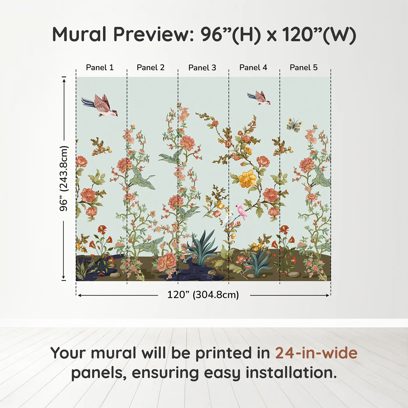 Whimsy Tots Chinoiserie Riverbank Wall Muraldimension view (96" H x 120" W). Printed in five 24-inch-wide panels. Gender-Neutral