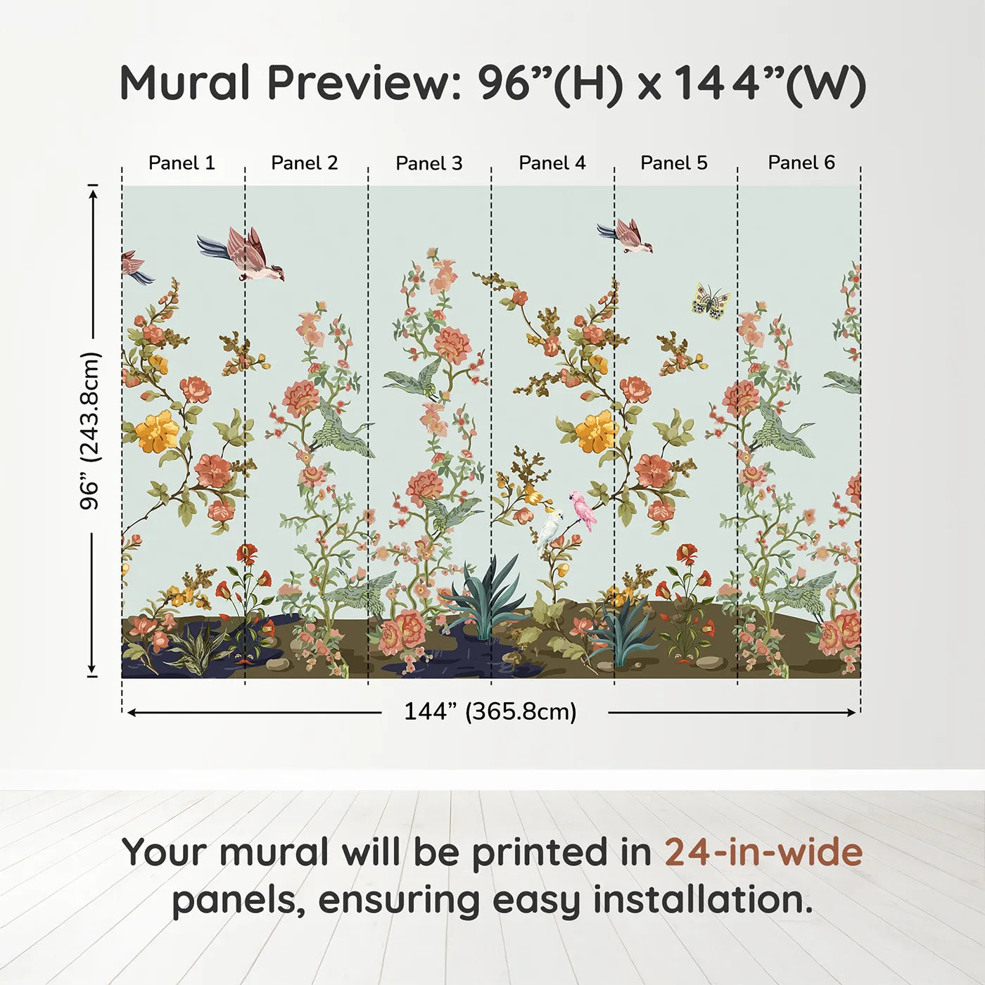 Whimsy Tots Chinoiserie Riverbank Wall Muraldimension view (96" H x 144" W). Printed in six 24-inch-wide panels. Gender-Neutral