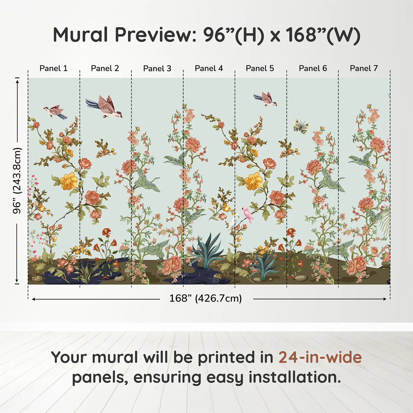 Whimsy Tots Chinoiserie Riverbank Wall Muraldimension view (96" H x 168" W). Printed in seven 24-inch-wide panels. Gender-Neutral
