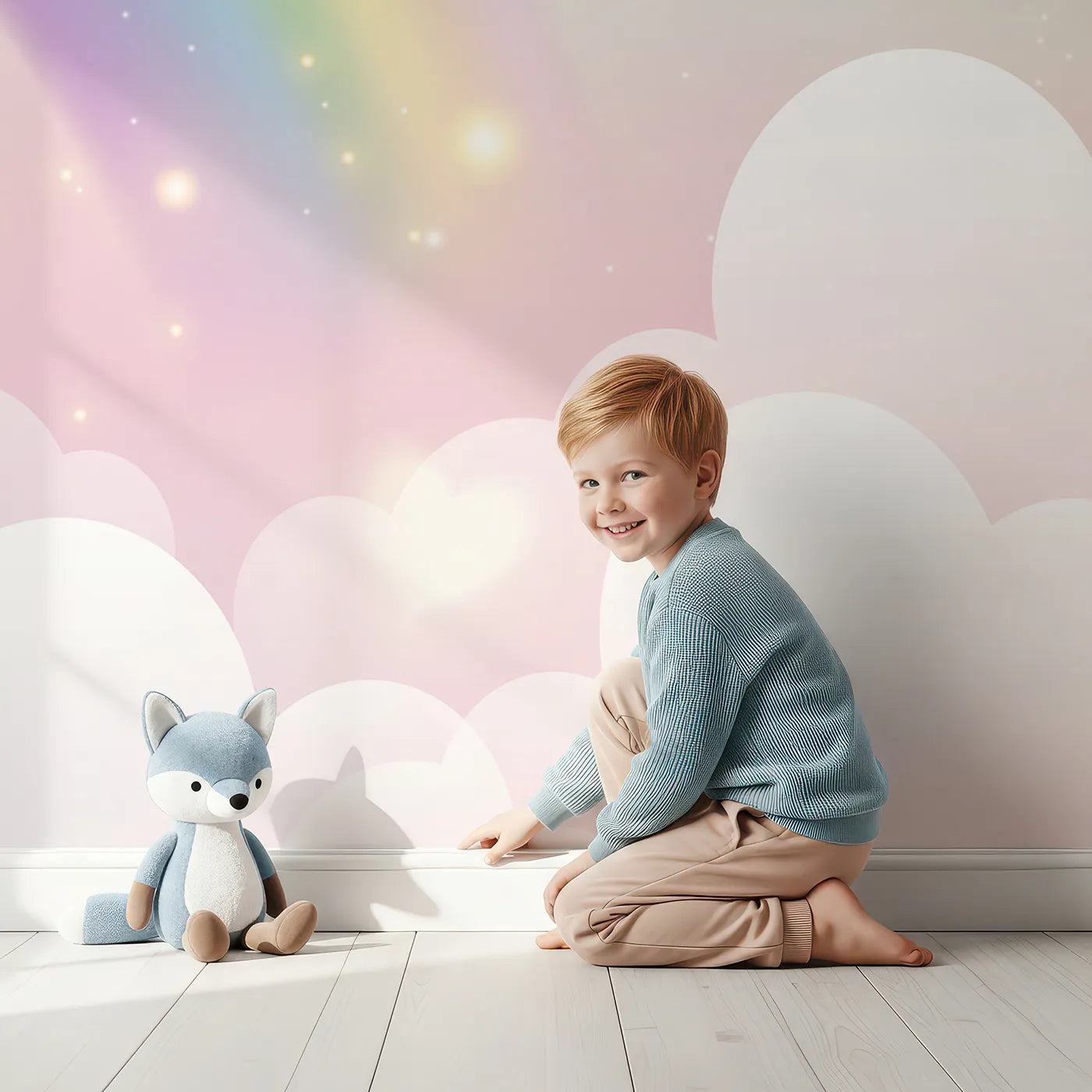 Child in front of Whimsy Tots Sparkling Rainbow Hearts Wall Mural with rainbow, pastel, sparkle, heart, sky, soft, dreamy, cloud in design.