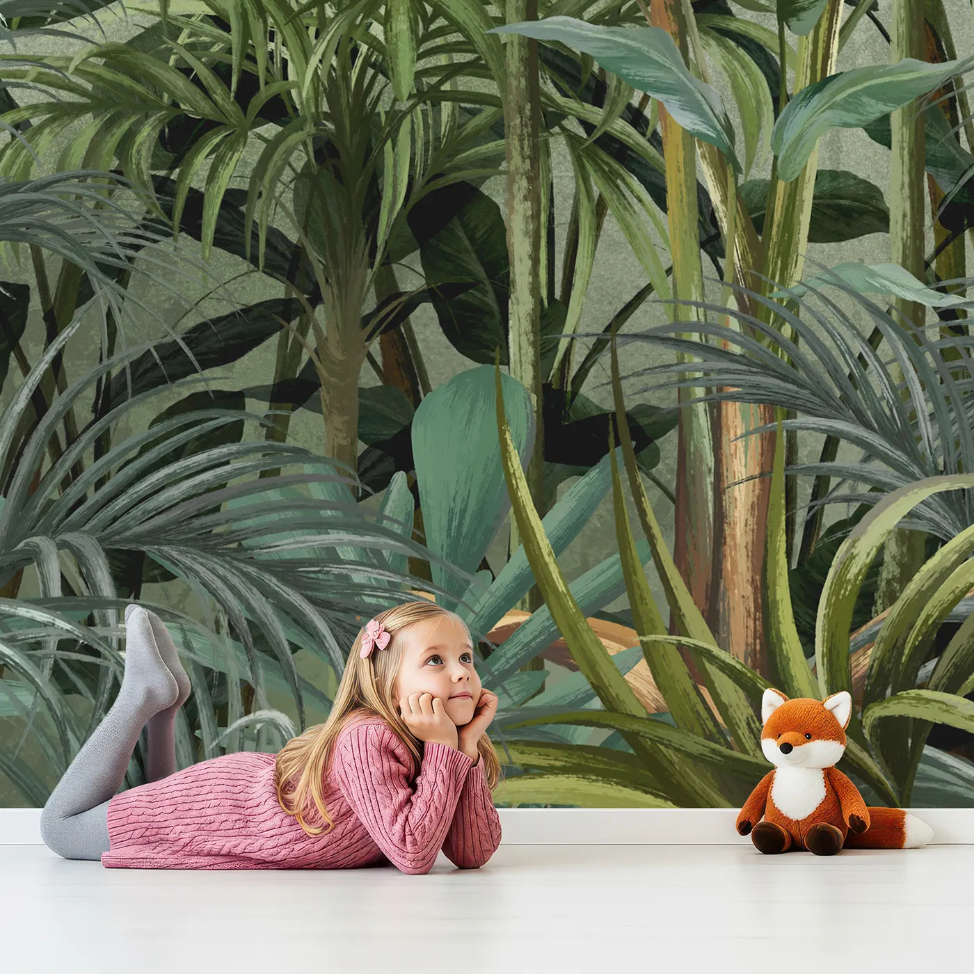 Child in front of Whimsy Tots Misty Green Jungle Wall Mural with jungle, tropical, mist, palm tree, forest, realistic, green, gray in design.