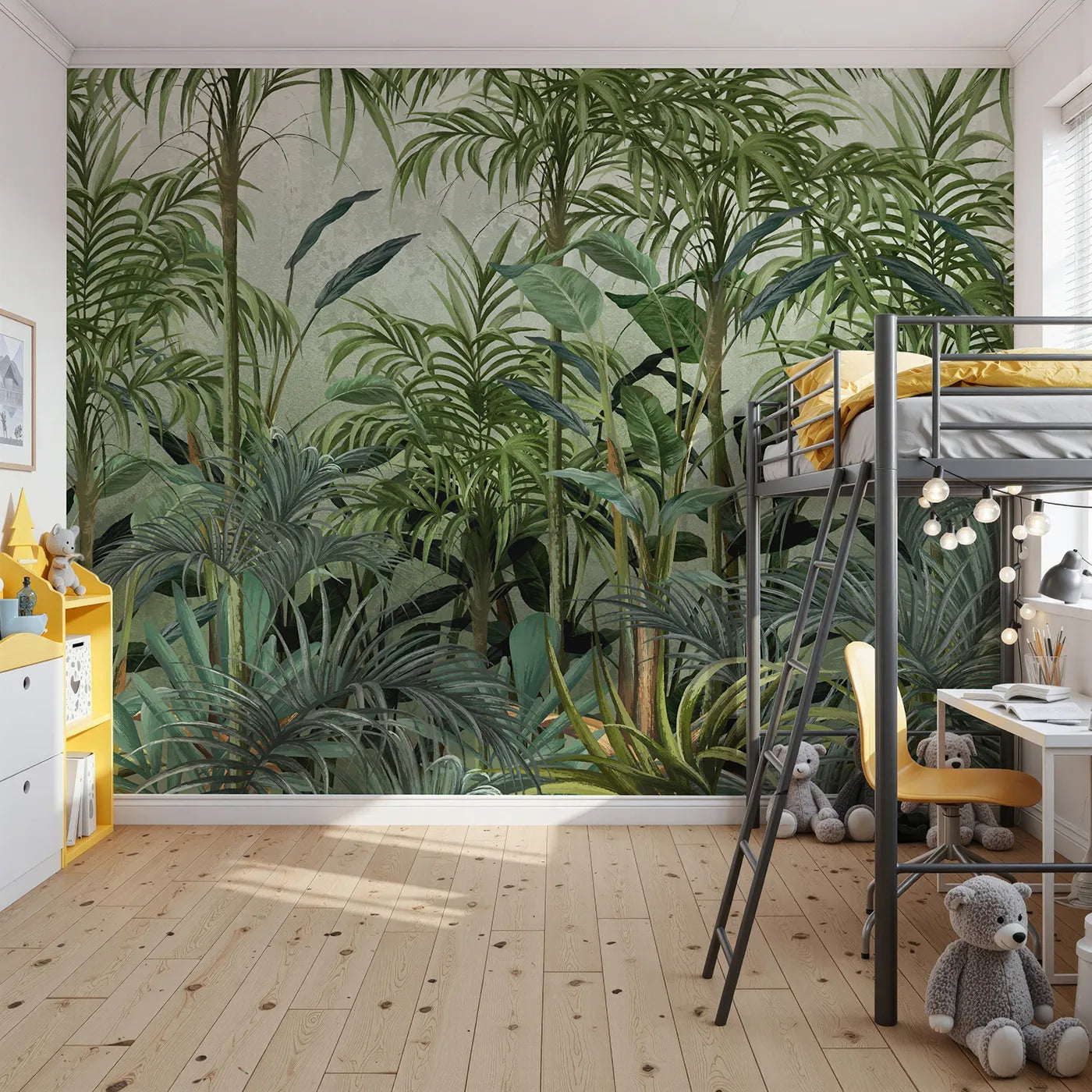 Front view of Whimsy Tots' Misty Green Jungle Wall Mural