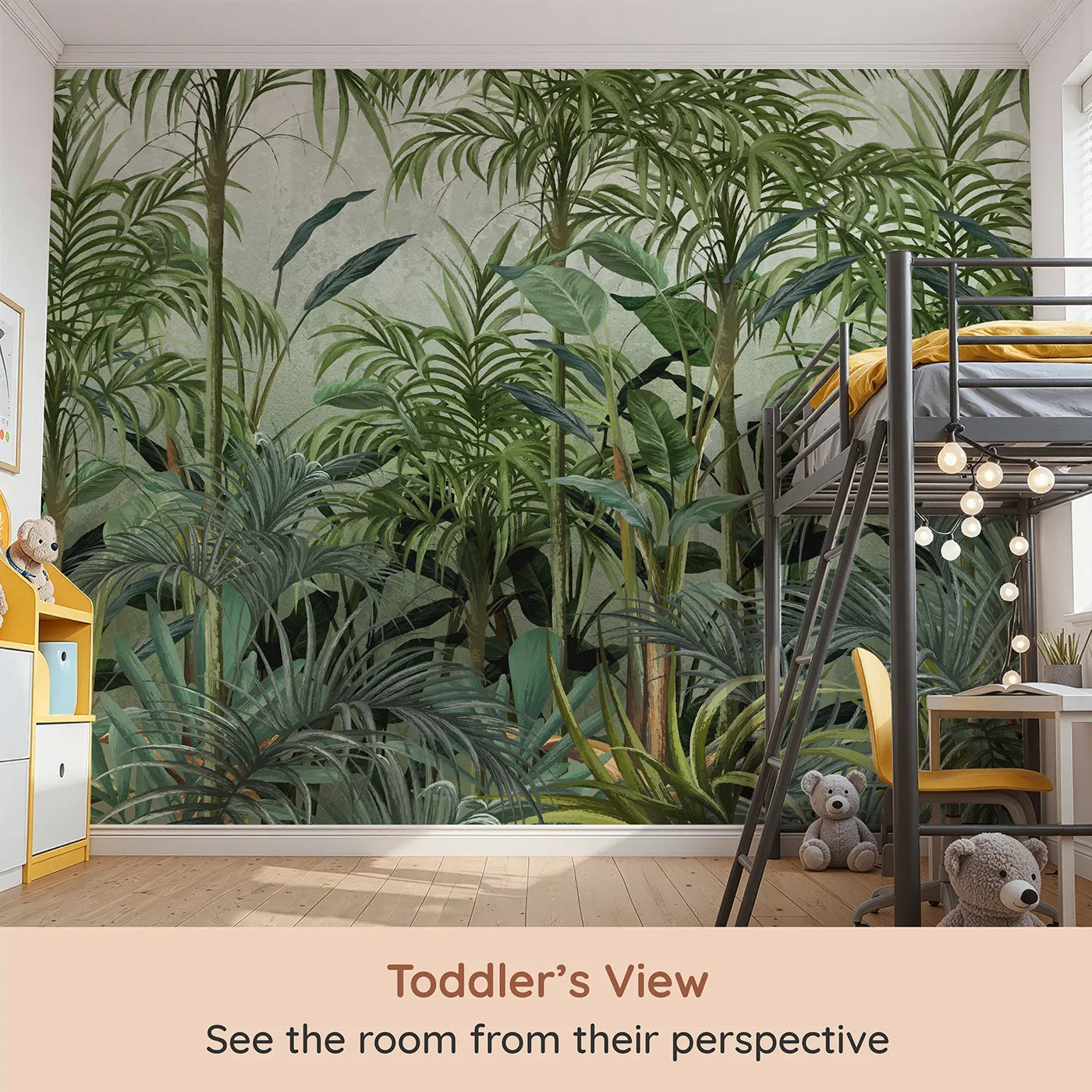 Whimsy Tots Misty Green Jungle Wall Mural (Turn Their Room into a Lush, Atmospheric Rainforest) from your child's view.Gender-Neutral