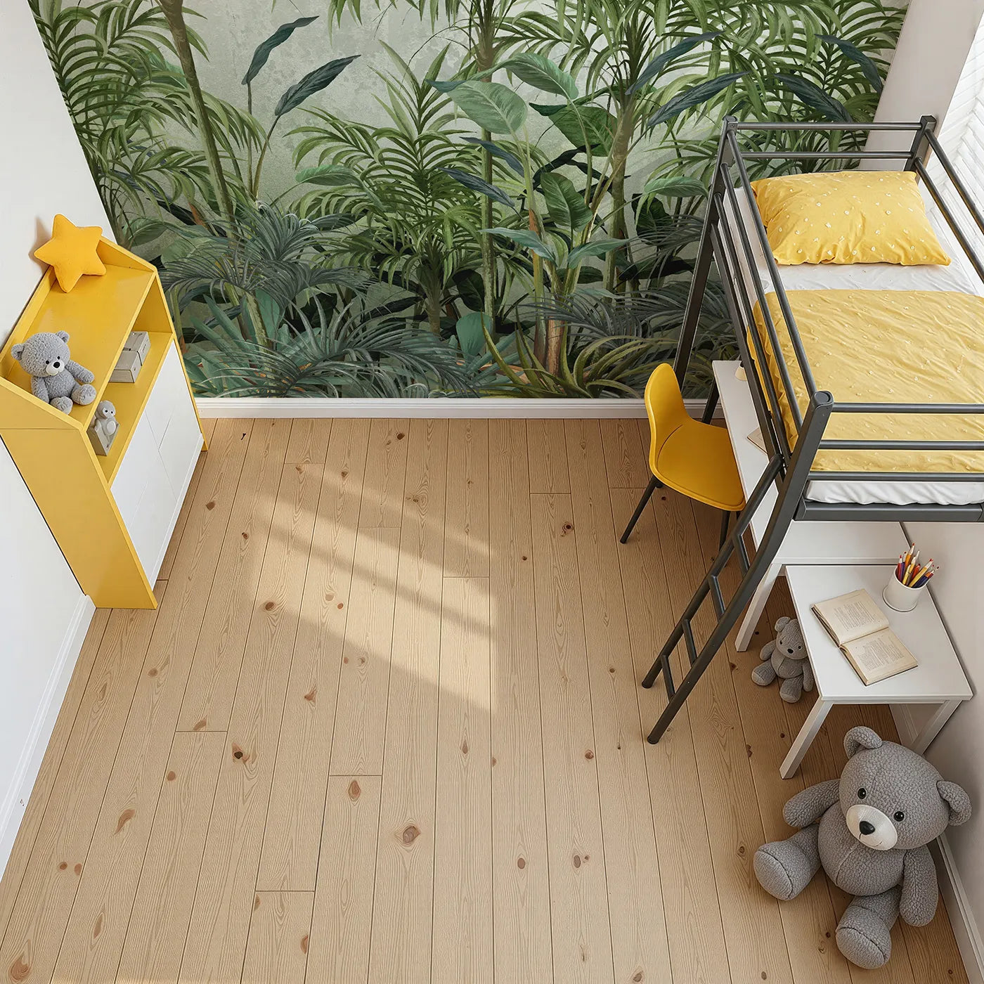 Top-down view of Whimsy Tots' Misty Green Jungle Wall Mural (Turn Their Room into a Lush, Atmospheric Rainforest).Gender-Neutral