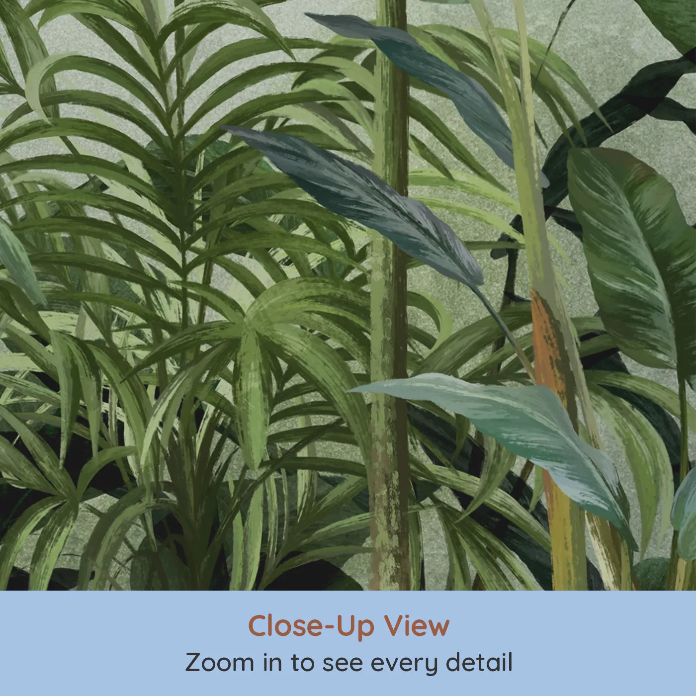Close-up view of Whimsy Tots' Misty Green Jungle Wall Mural (Turn Their Room into a Lush, Atmospheric Rainforest).Gender-Neutral