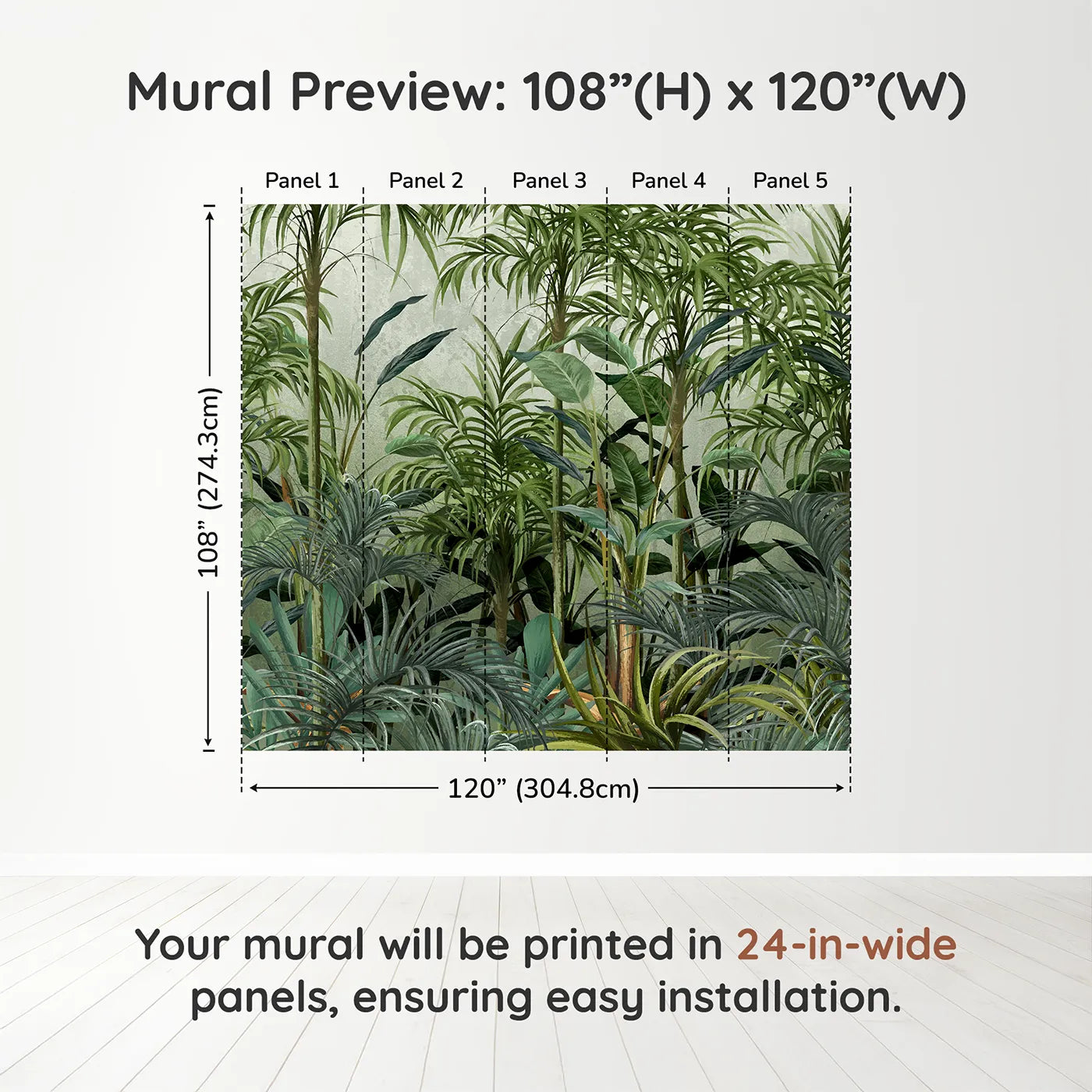 Whimsy Tots Misty Green Jungle Wall Muraldimension view (108" H x 120" W). Printed in five 24-inch-wide panels. Gender-Neutral