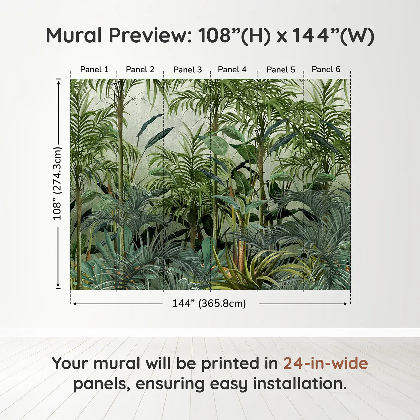 Whimsy Tots Misty Green Jungle Wall Muraldimension view (108" H x 144" W). Printed in six 24-inch-wide panels. Gender-Neutral