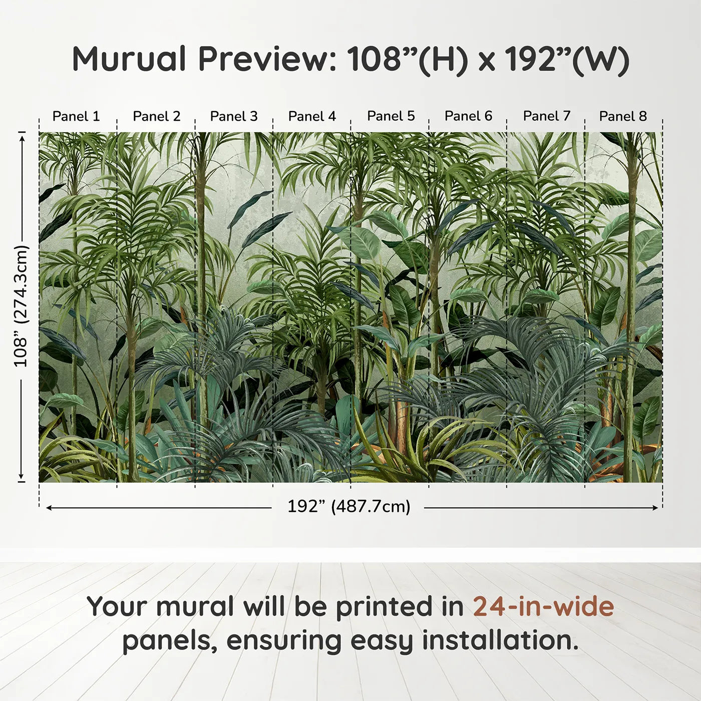 Whimsy Tots Misty Green Jungle Wall Muraldimension view (108" H x 192" W). Printed in eight 24-inch-wide panels. Gender-Neutral