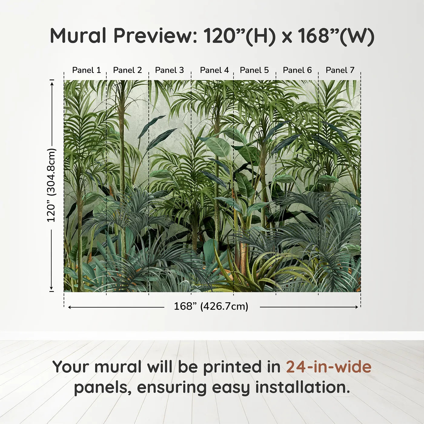 Whimsy Tots Misty Green Jungle Wall Muraldimension view (120" H x 168" W). Printed in seven 24-inch-wide panels. Gender-Neutral