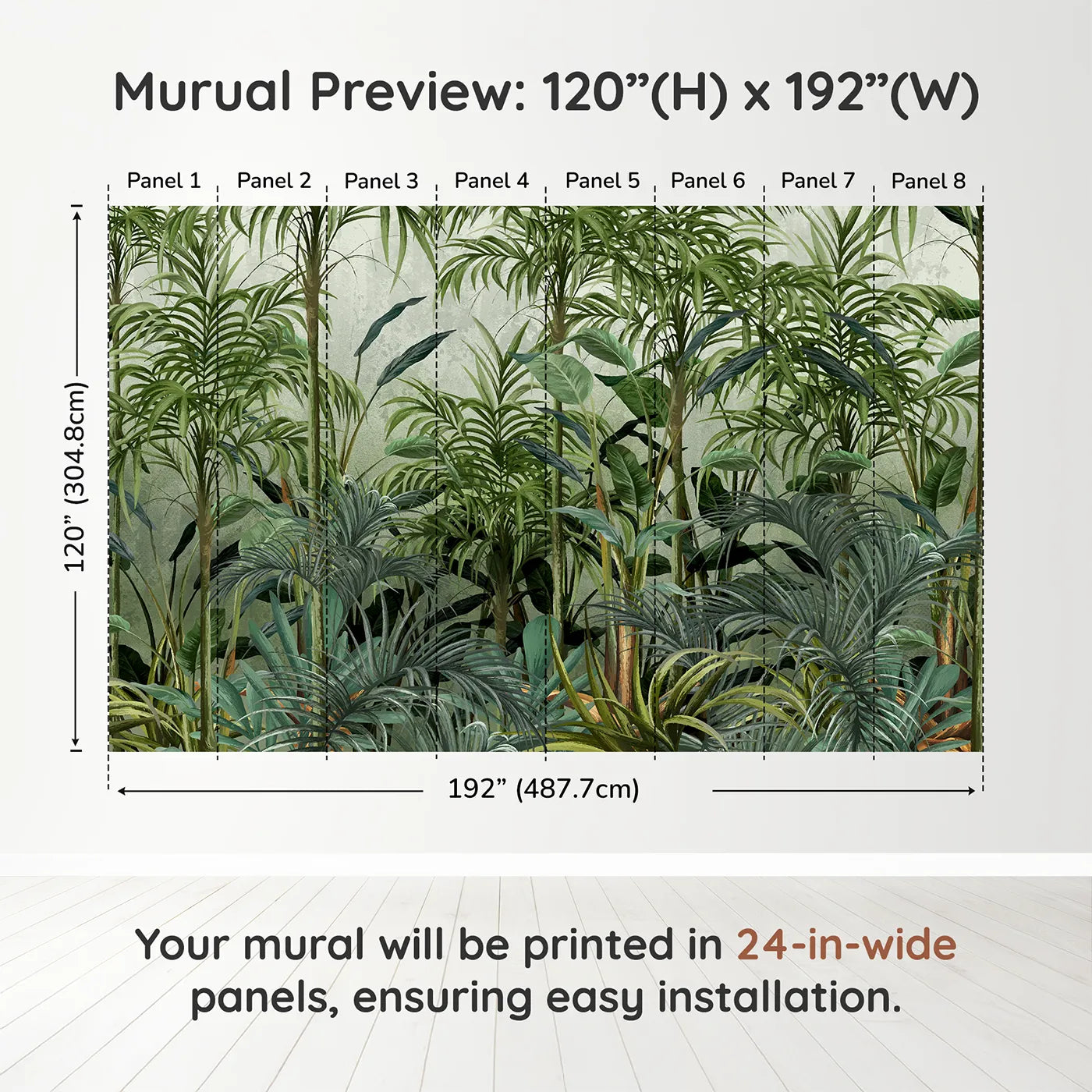Whimsy Tots Misty Green Jungle Wall Muraldimension view (120" H x 192" W). Printed in eight 24-inch-wide panels. Gender-Neutral