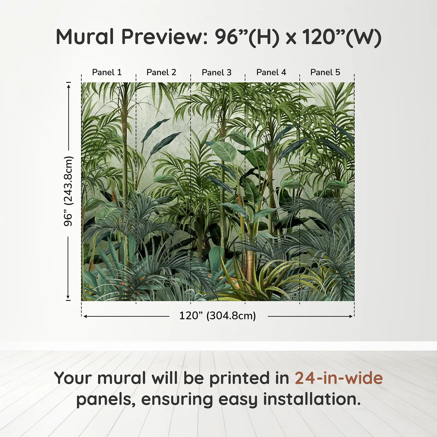 Whimsy Tots Misty Green Jungle Wall Muraldimension view (96" H x 120" W). Printed in five 24-inch-wide panels. Gender-Neutral