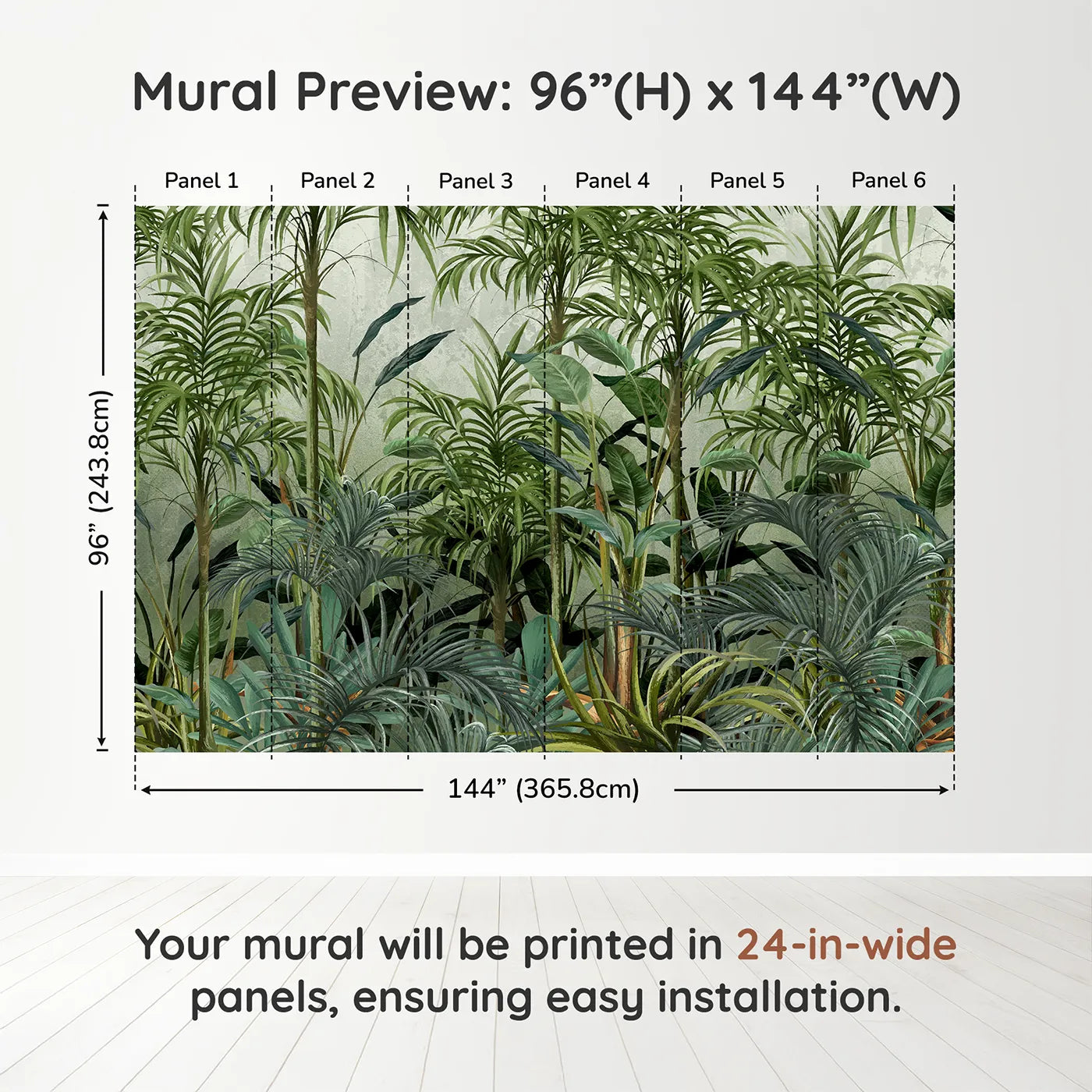 Whimsy Tots Misty Green Jungle Wall Muraldimension view (96" H x 144" W). Printed in six 24-inch-wide panels. Gender-Neutral