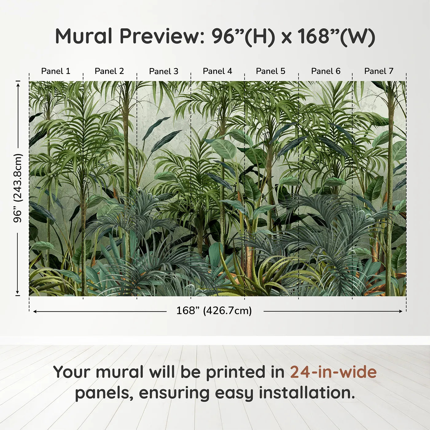 Whimsy Tots Misty Green Jungle Wall Muraldimension view (96" H x 168" W). Printed in seven 24-inch-wide panels. Gender-Neutral