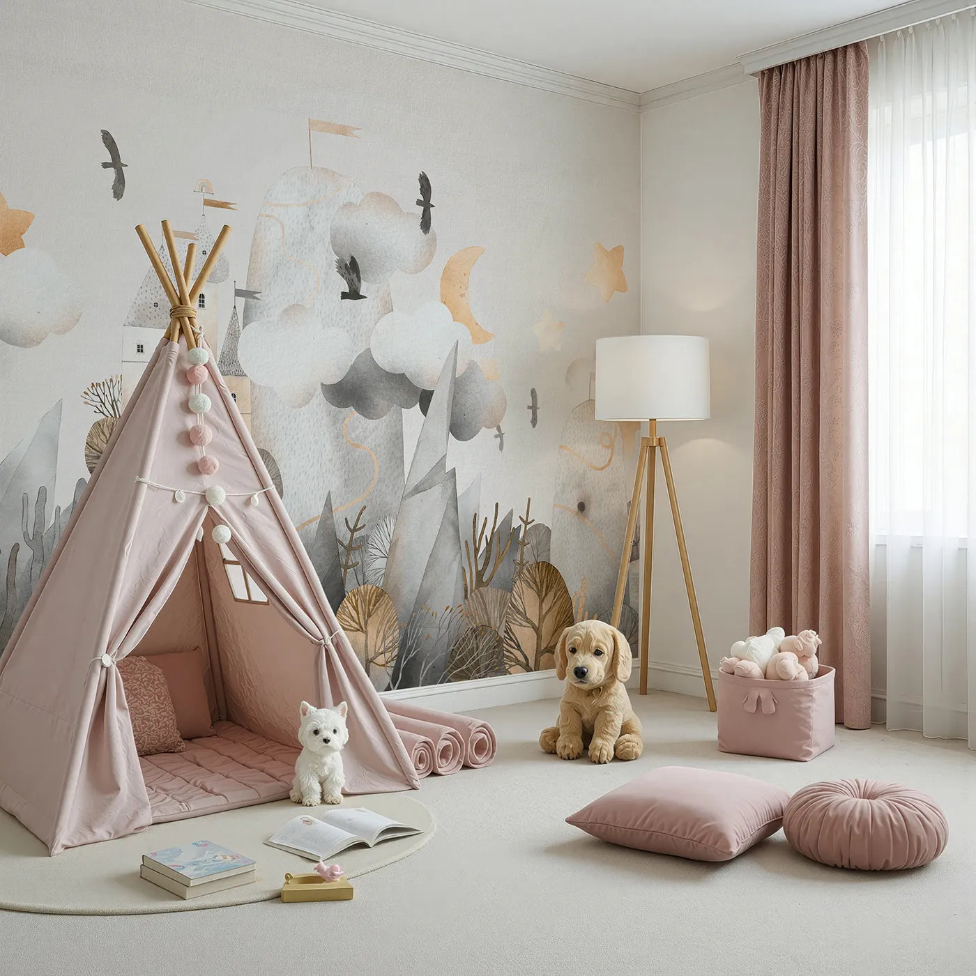 Angled view of Whimsy Tots' Golden Mountain Castle Wall Mural (Turn Their Room into a Whimsical, Hand-Painted Kingdom).Gender-Neutral