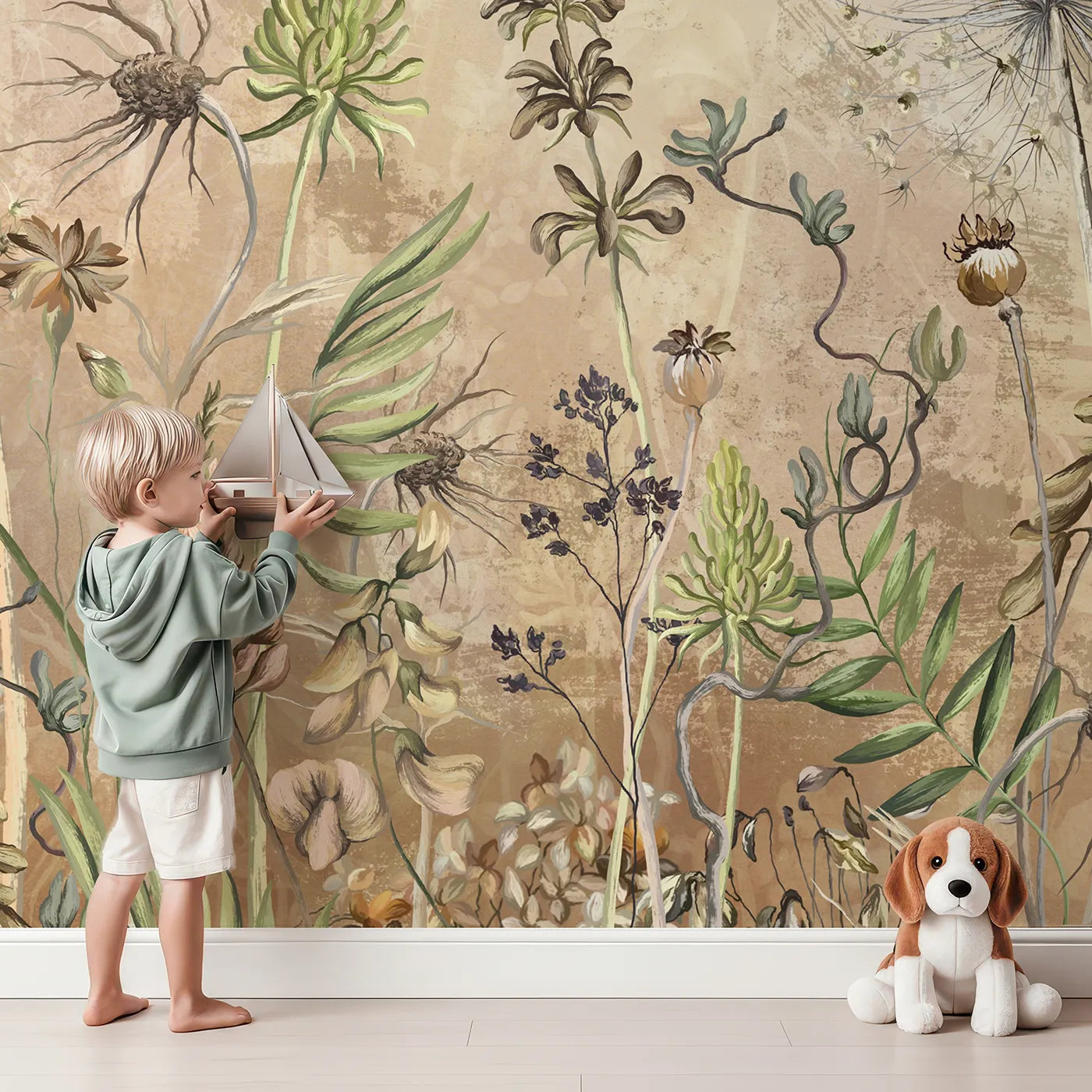 Child in front of Whimsy Tots Vintage Dry Flower Meadow Wall Mural with flower, wildflower, vintage, sepia, dried flower, meadow, beige, rustic in design.
