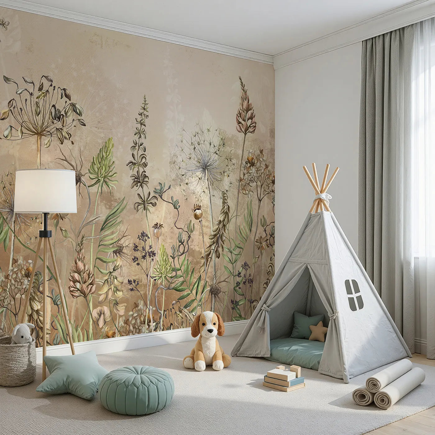 Angled view of Whimsy Tots' Vintage Dry Flower Meadow Wall Mural (Turn Their Room into a Field of Gentle, Rustic Beauty).Gender-Neutral