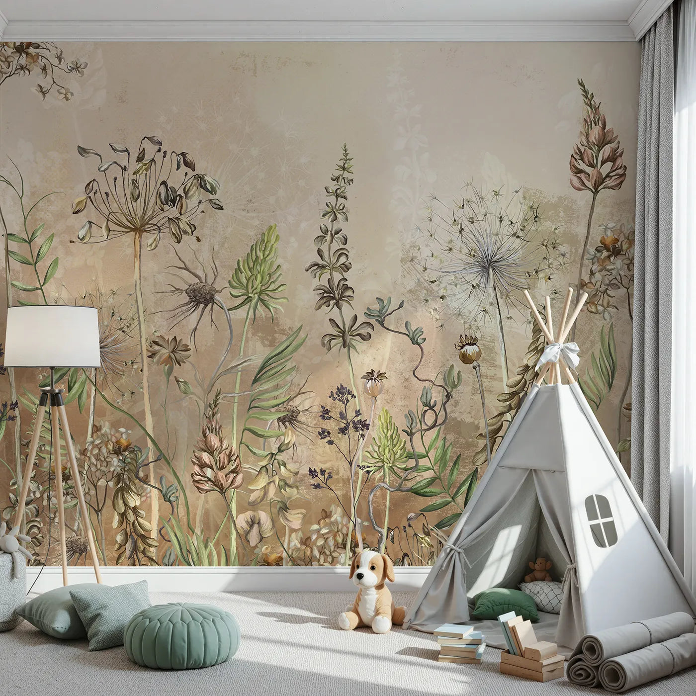Front view of Whimsy Tots' Vintage Dry Flower Meadow Wall Mural