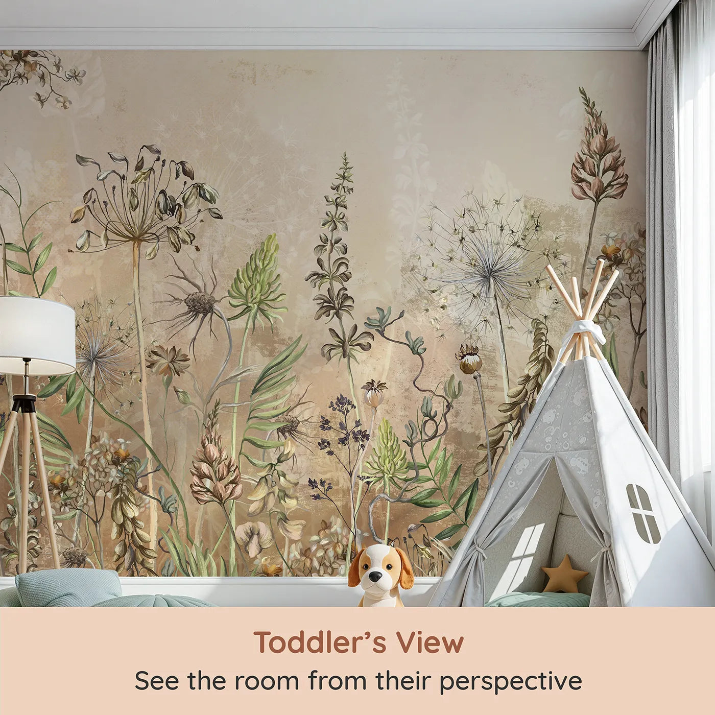 Whimsy Tots Vintage Dry Flower Meadow Wall Mural (Turn Their Room into a Field of Gentle, Rustic Beauty) from your child's view.Gender-Neutral