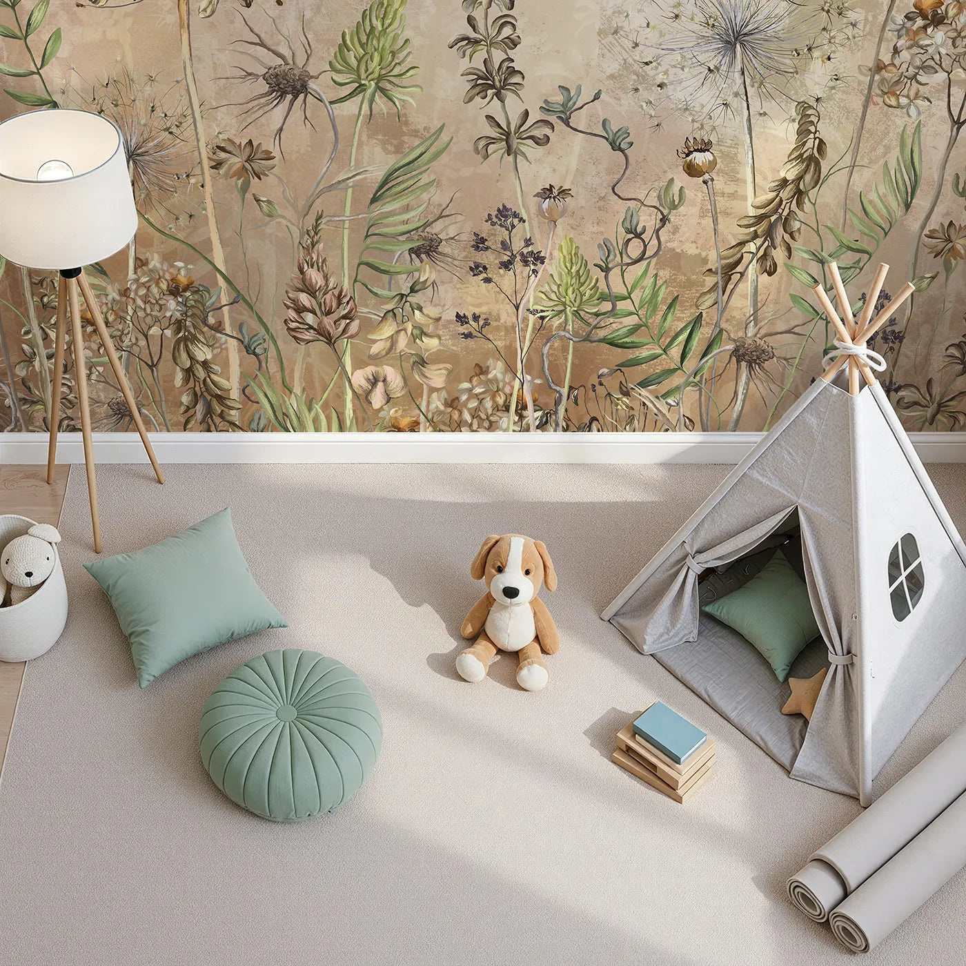 Top-down view of Whimsy Tots' Vintage Dry Flower Meadow Wall Mural (Turn Their Room into a Field of Gentle, Rustic Beauty).Gender-Neutral