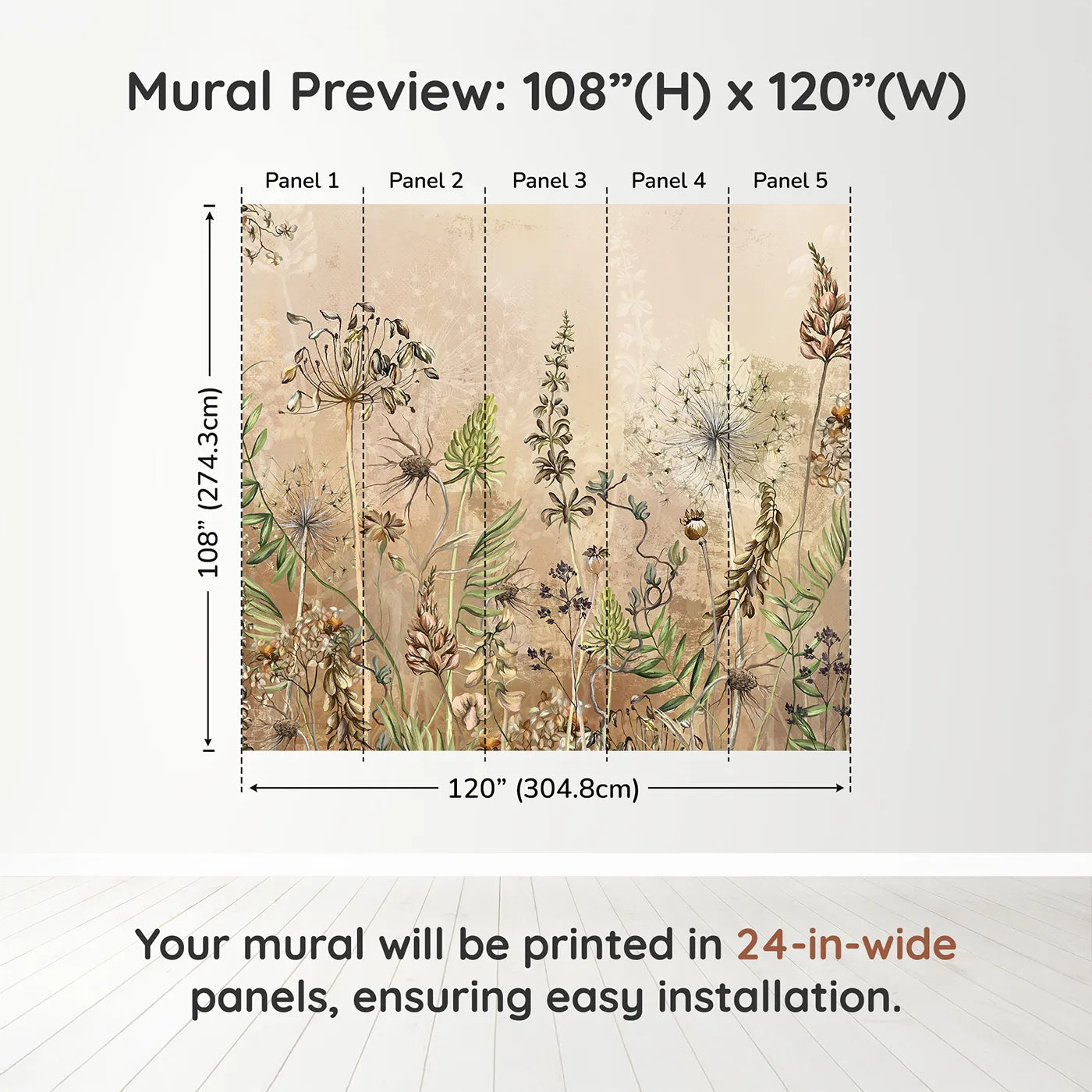 Whimsy Tots Vintage Dry Flower Meadow Wall Muraldimension view (108" H x 120" W). Printed in five 24-inch-wide panels. Gender-Neutral
