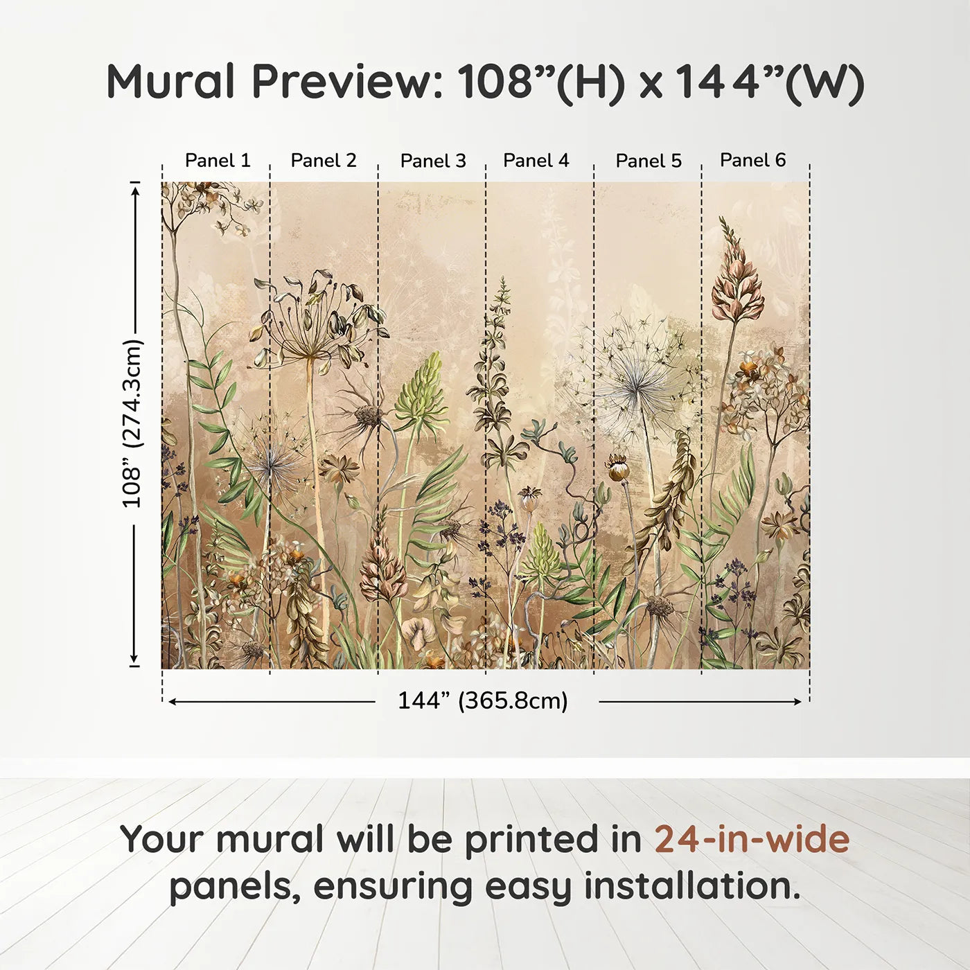 Whimsy Tots Vintage Dry Flower Meadow Wall Muraldimension view (108" H x 144" W). Printed in six 24-inch-wide panels. Gender-Neutral