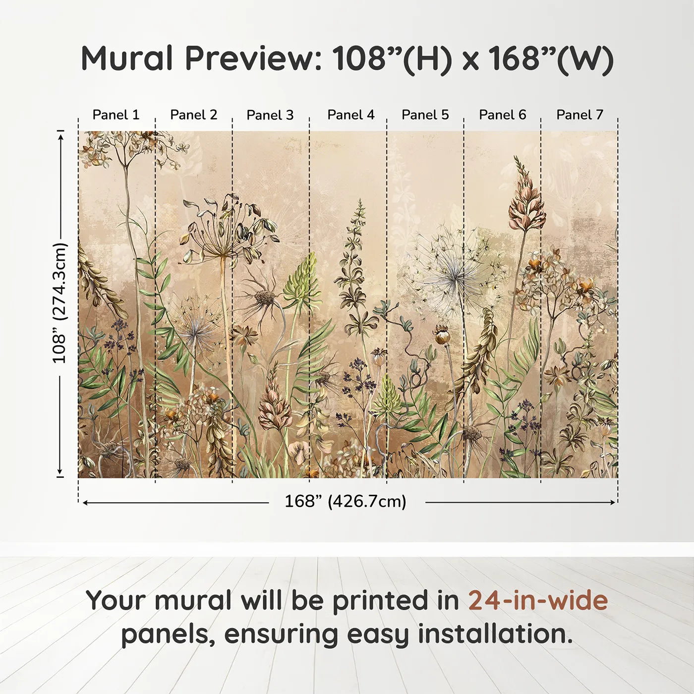 Whimsy Tots Vintage Dry Flower Meadow Wall Muraldimension view (108" H x 168" W). Printed in seven 24-inch-wide panels. Gender-Neutral
