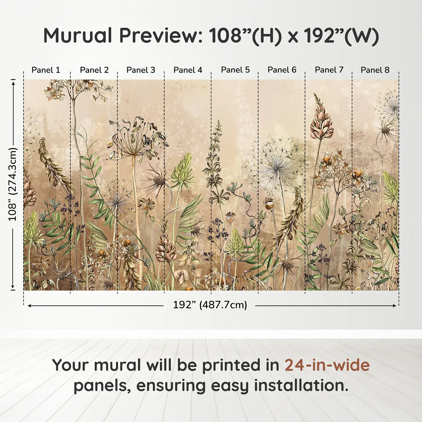 Whimsy Tots Vintage Dry Flower Meadow Wall Muraldimension view (108" H x 192" W). Printed in eight 24-inch-wide panels. Gender-Neutral