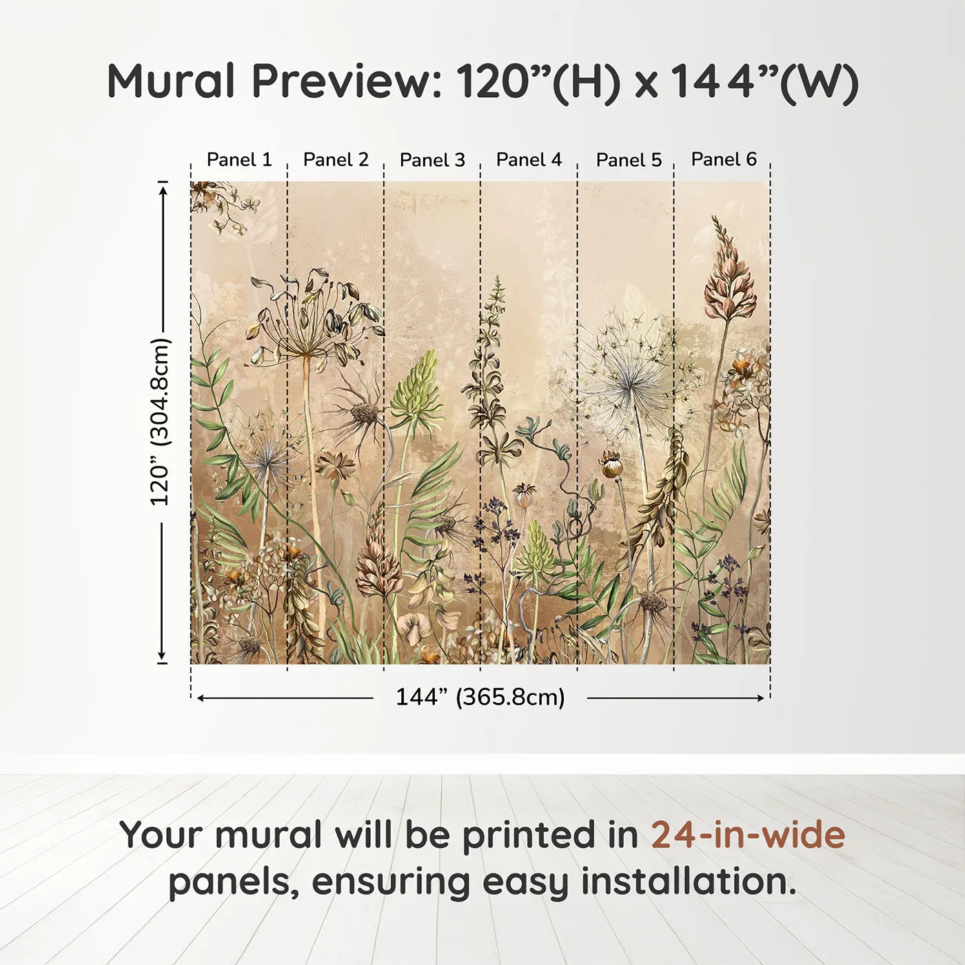 Whimsy Tots Vintage Dry Flower Meadow Wall Muraldimension view (120" H x 144" W). Printed in six 24-inch-wide panels. Gender-Neutral