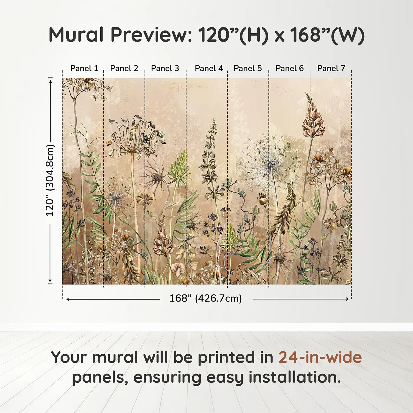 Whimsy Tots Vintage Dry Flower Meadow Wall Muraldimension view (120" H x 168" W). Printed in seven 24-inch-wide panels. Gender-Neutral