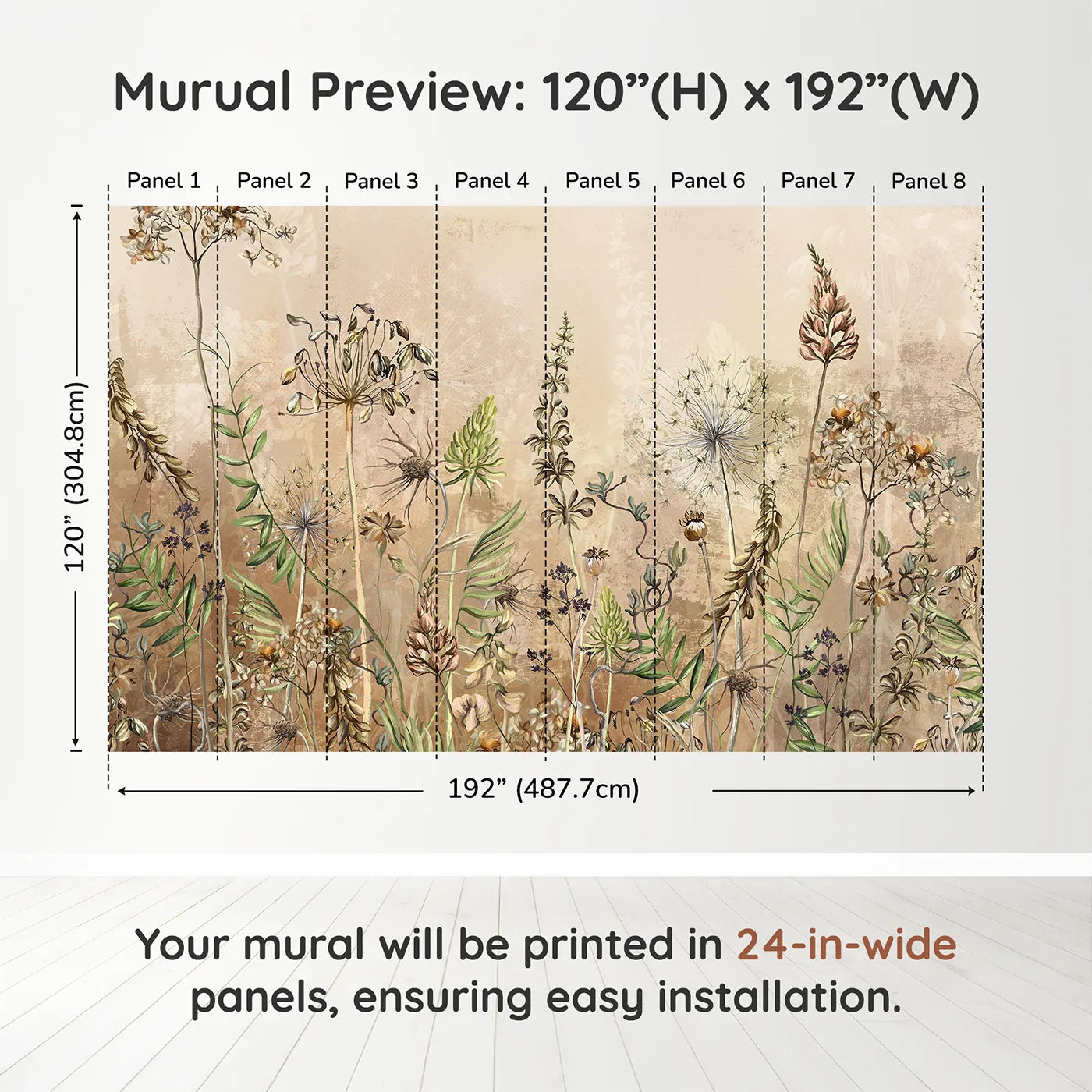 Whimsy Tots Vintage Dry Flower Meadow Wall Muraldimension view (120" H x 192" W). Printed in eight 24-inch-wide panels. Gender-Neutral