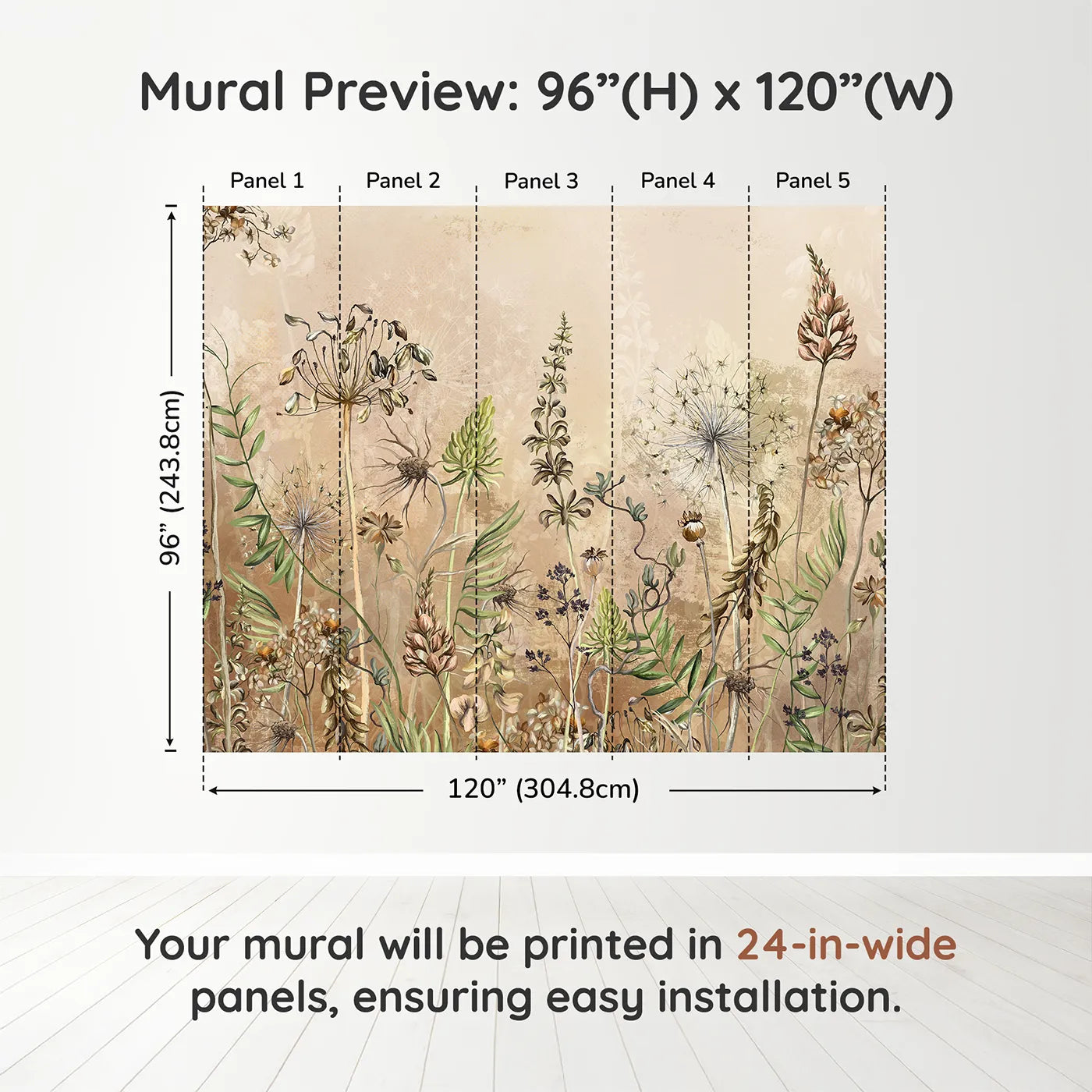 Whimsy Tots Vintage Dry Flower Meadow Wall Muraldimension view (96" H x 120" W). Printed in five 24-inch-wide panels. Gender-Neutral