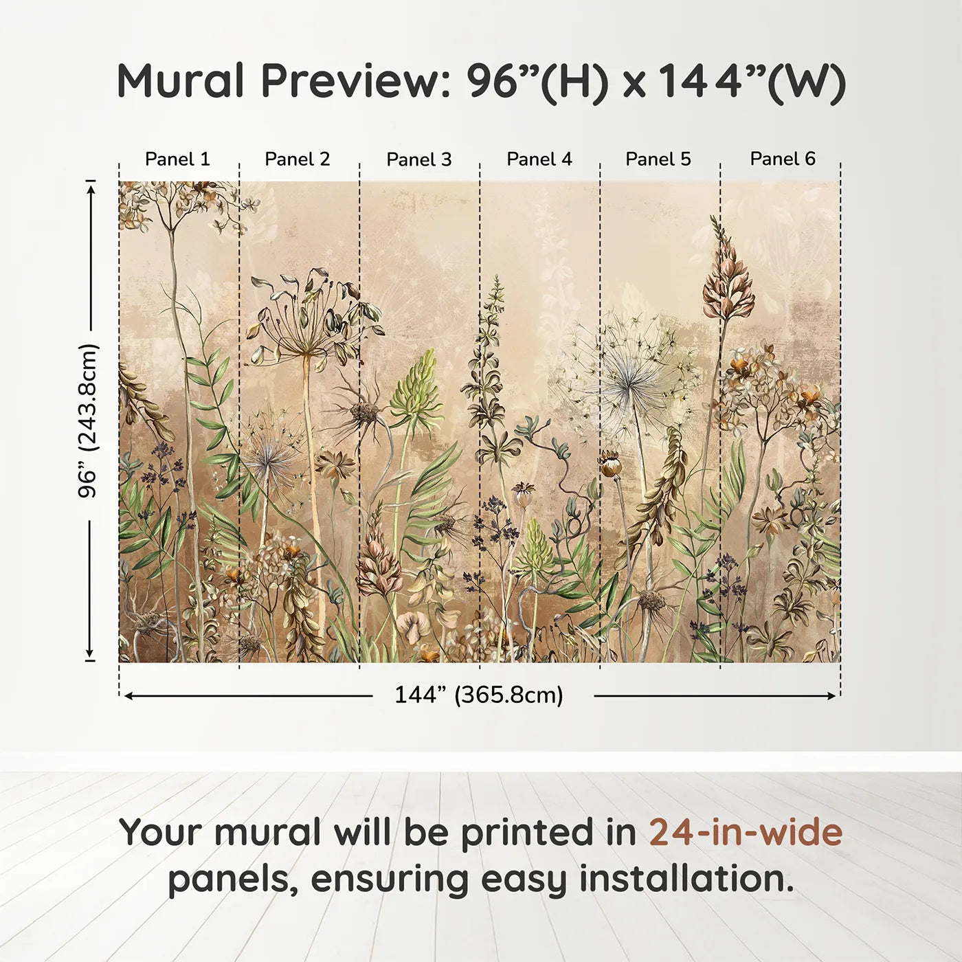 Whimsy Tots Vintage Dry Flower Meadow Wall Muraldimension view (96" H x 144" W). Printed in six 24-inch-wide panels. Gender-Neutral