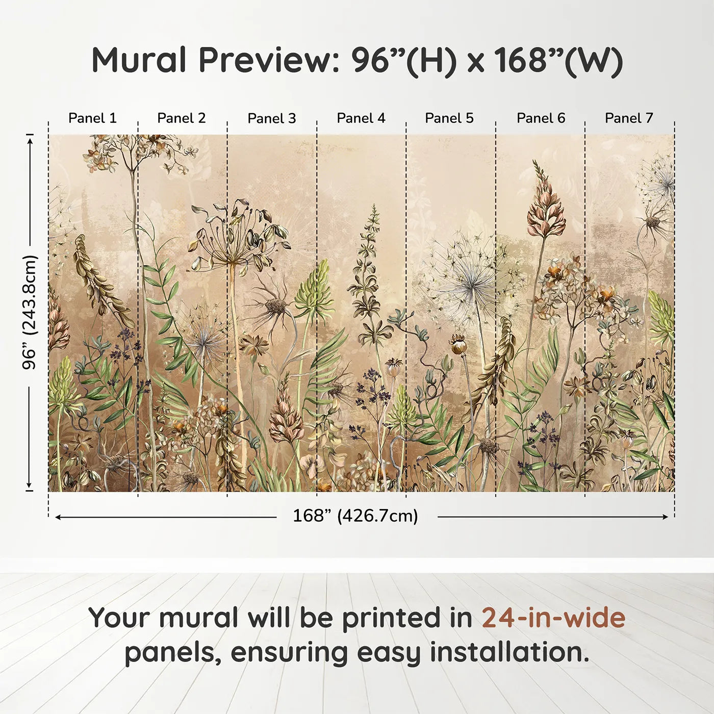 Whimsy Tots Vintage Dry Flower Meadow Wall Muraldimension view (96" H x 168" W). Printed in seven 24-inch-wide panels. Gender-Neutral
